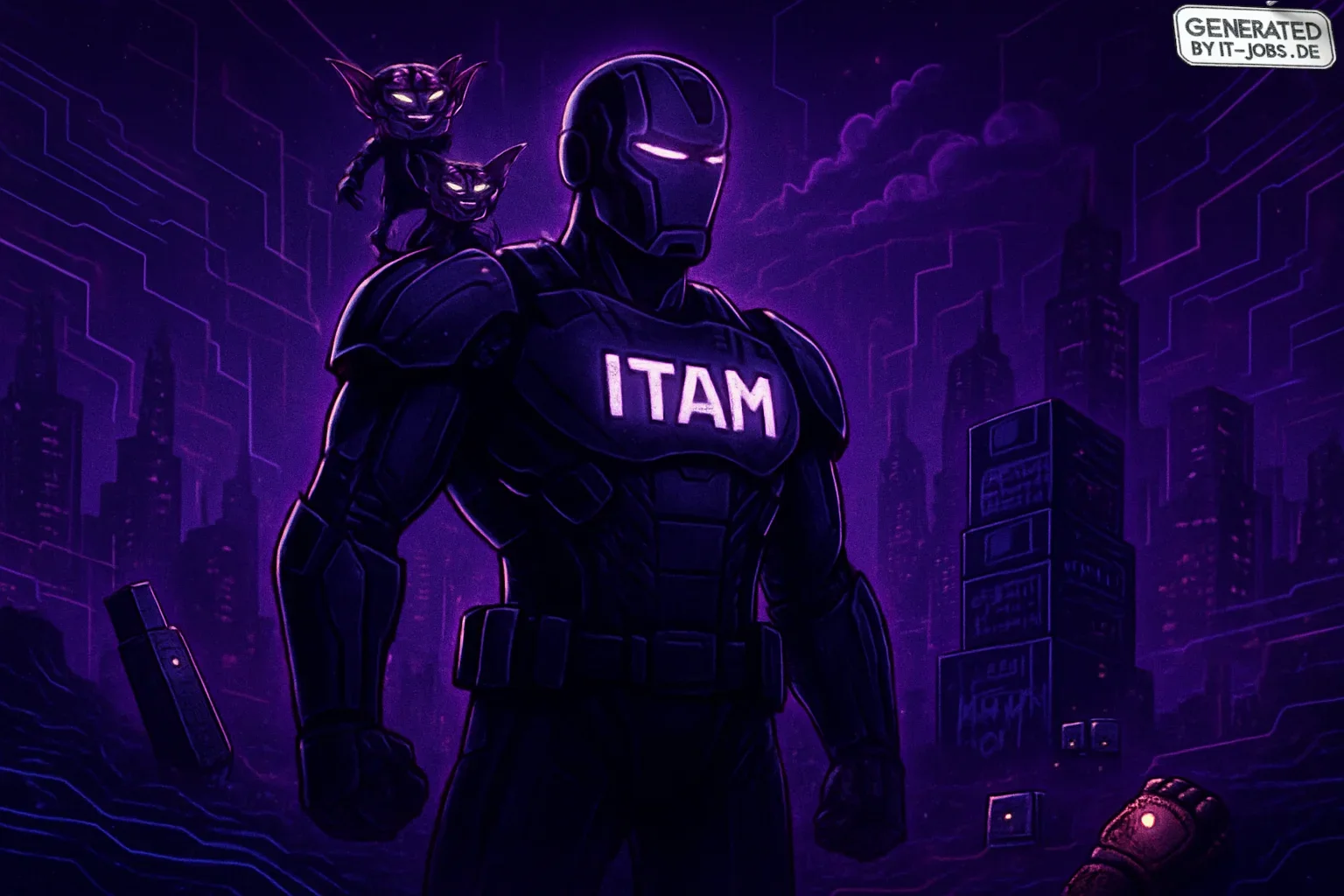 The image depicts a cyber metropolis in dark purple hues, featuring neon lines like a circuit board. A towering IT Asset Management superhero in metallic armor stands guard, accompanied by glitchy gremlins. Tech easter eggs, swirling data streams, and pop