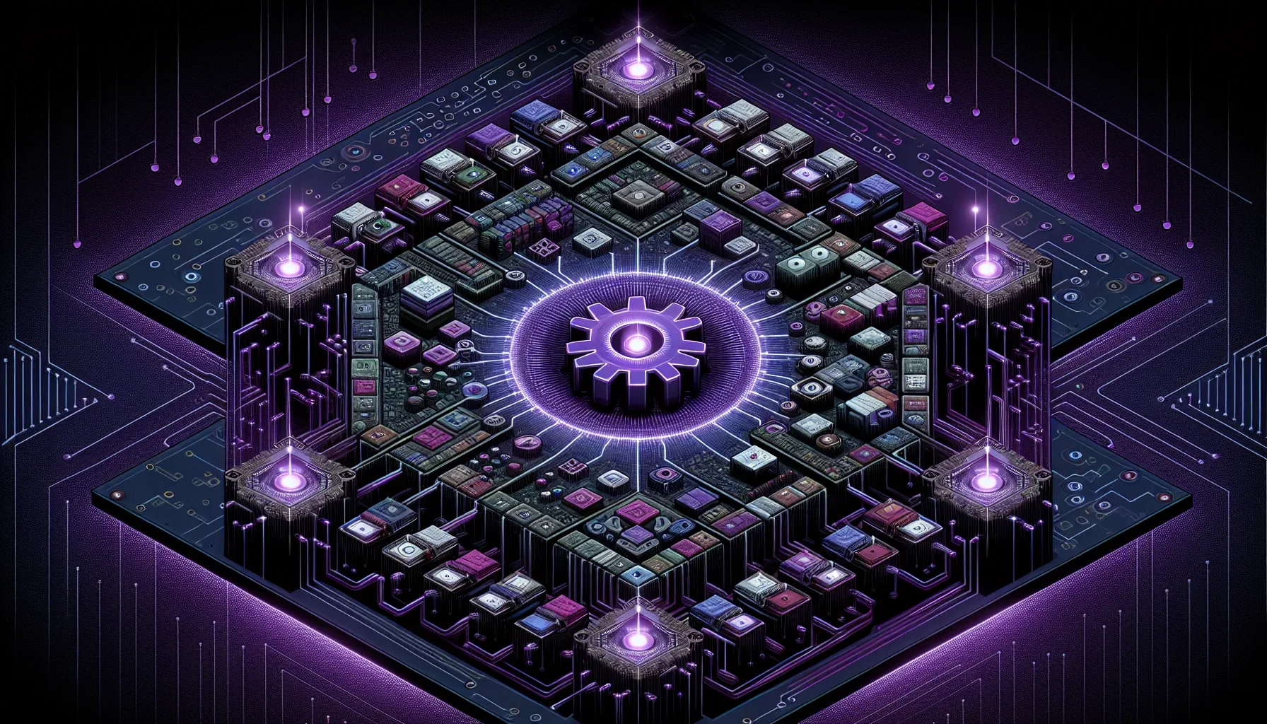 Visualize a dynamic, digital artwork that serves as a bold tribute to the powerful core features of the Rust programming language, set against an atmospheric backdrop painted in shades of dark purple. The scene is structured around an intricate network of