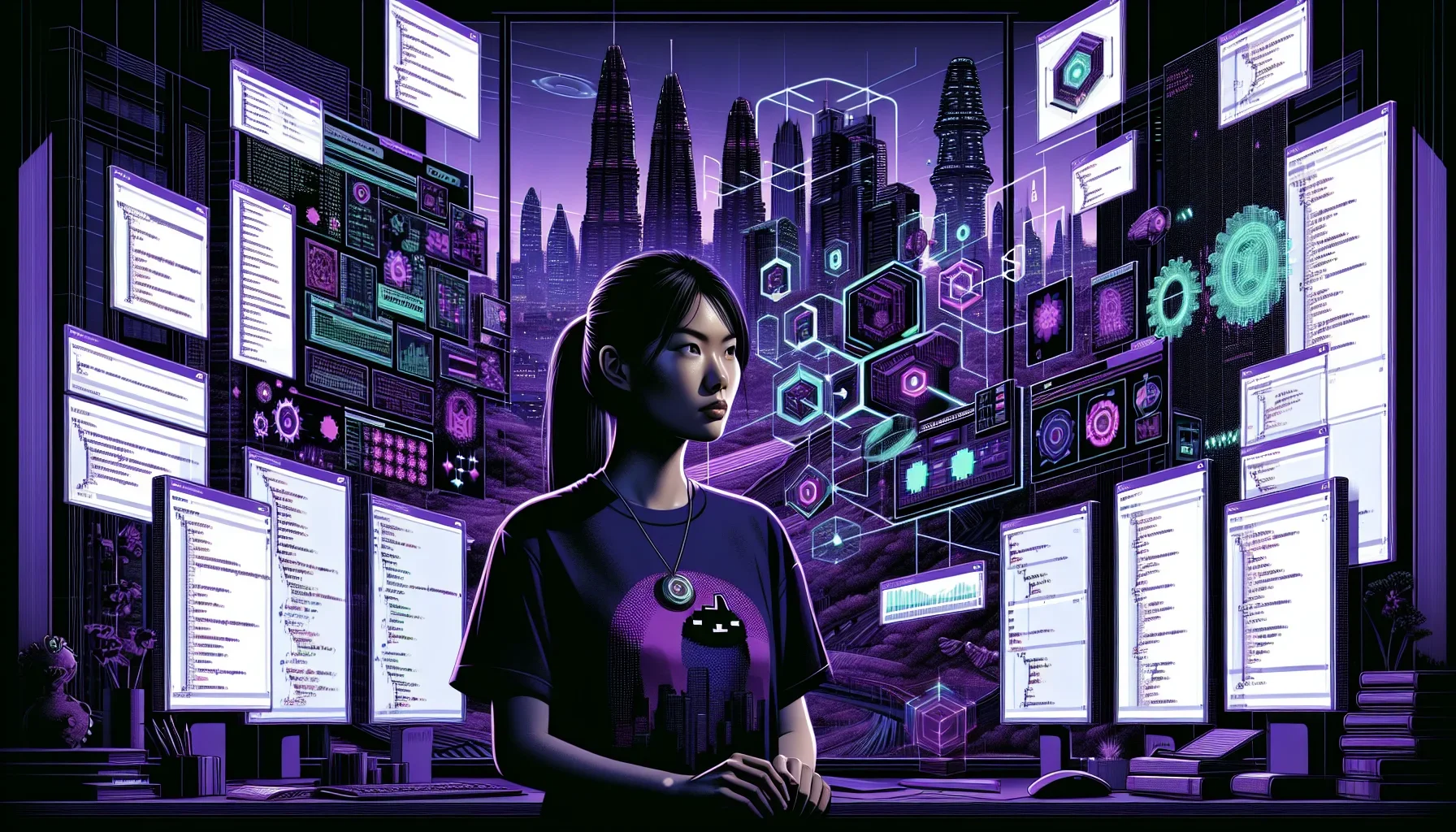In your visualization, picture this scene as a bold, graphic novel-style illustration that vibrates with a rich, dark purple ambiance. The backdrop is a futuristic cityscape at dusk, buildings outlined against a twilight sky, shadows dancing between the s