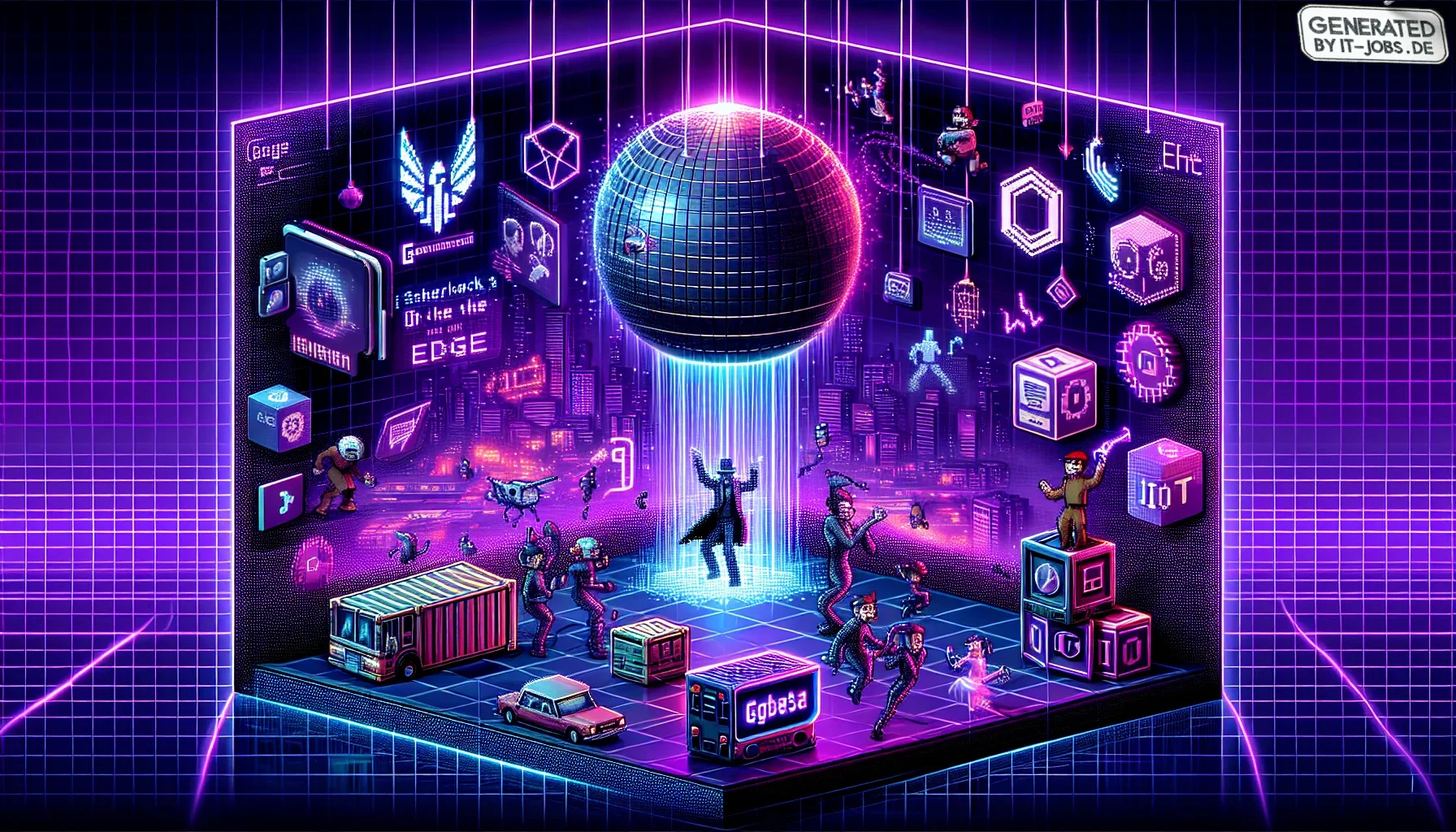 In my imagination, the visualization starts with a glossy, dark purple main theme, seamlessly blending into an aesthetically edgy and vibrant canvas. The backdrop is a digital cityscape, akin to a Tron-like metropolis teeming with neon lights, creating a 