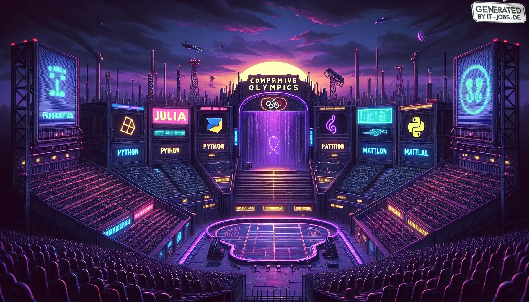 Imagine an expansive digital canvas, pulsating with the moody hues of dark purple that form the backdrop for a visually striking and whimsical scene—a virtual "Programming Olympics." This visual feast blends the edgy aesthetics of a cyberpunk universe wit