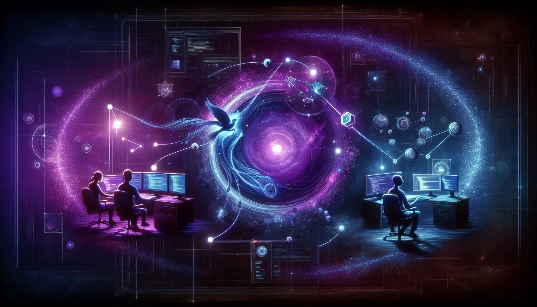 Imagine a dynamic and visually compelling digital artwork that captures the essence of the discussed collaborative coding strategies, specifically pair programming and tandem programming, set in a backdrop of dark purple hues that evoke a sense of depth a