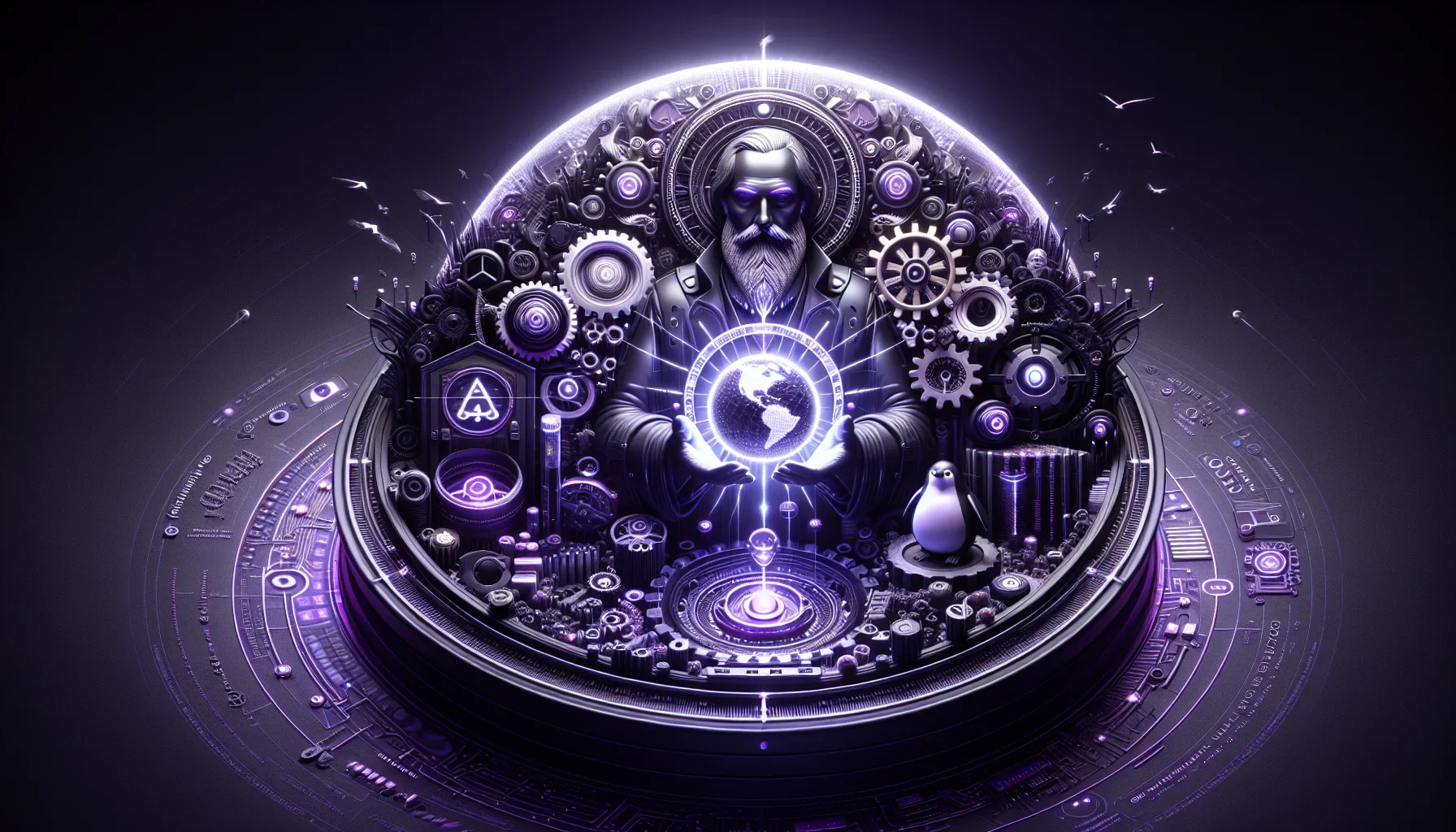 The visualization is a striking digital artwork rendered in a bold, edgy style. The dominant color scheme revolves around various shades of dark purple that lend a dramatic, mysterious feel to the scene. 

At the center of the image is Richard Stallman, d