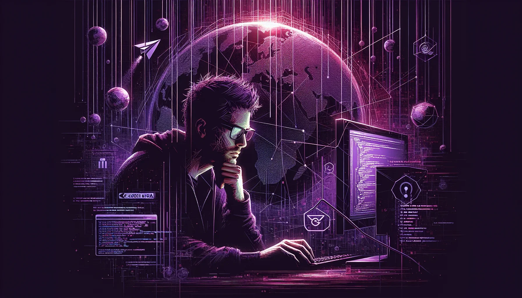 The visualization is a striking digital artwork that exudes a moody, edgy vibe. Dominated by varying shades of dark purple that create a sense of depth, the image boldly captures the essence of Larry Wall's impact on the IT world. 

The central focus of t