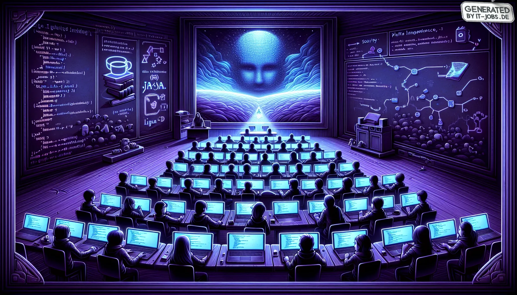 The visualization unfolds on a canvas flooded with dark purple hues, evoking a sense of deep knowledge and the vast expanse of the digital realm. The central focus is a stylized, modern classroom, edges sharply defined in an almost comic book-like manner,