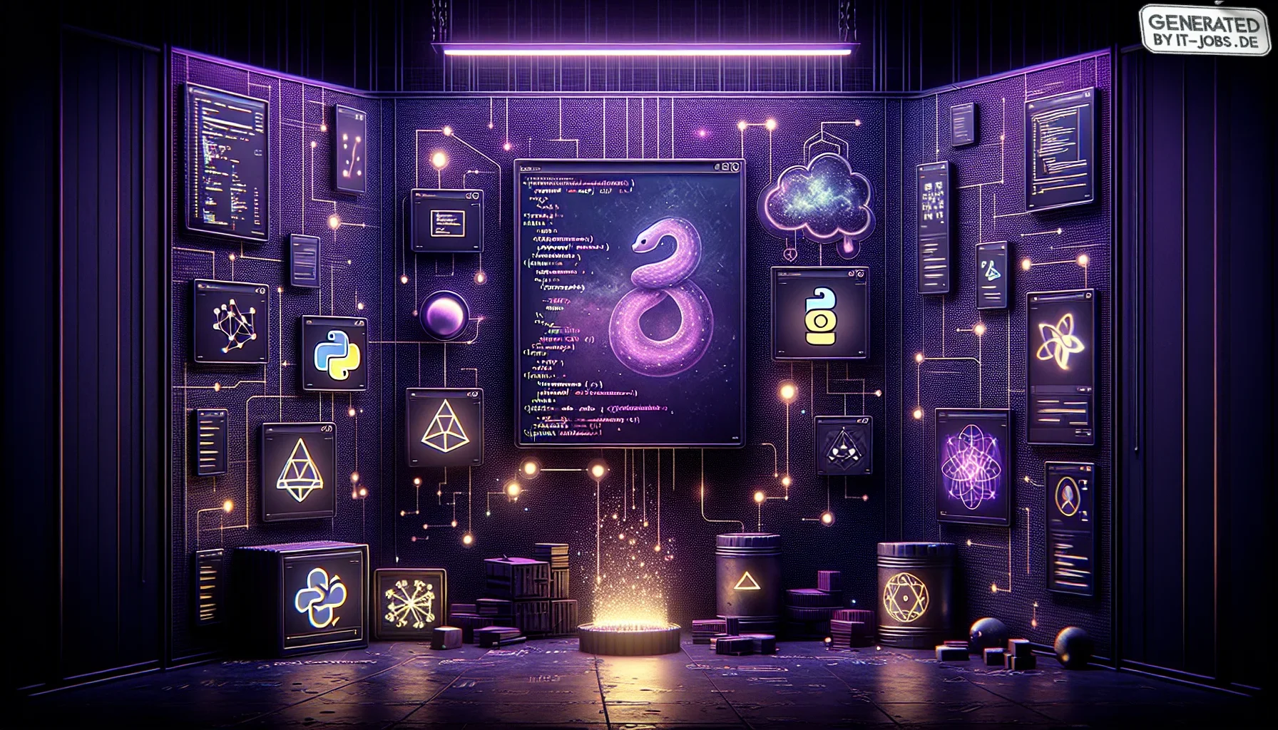 Visualize a dimly lit scene dominated by a rich, dark purple hue that sets an atmospheric mood, reminiscent of a late-night coding session in a cozy yet cutting-edge tech lab. The background subtly mimics the texture of a digital circuit board, with faint