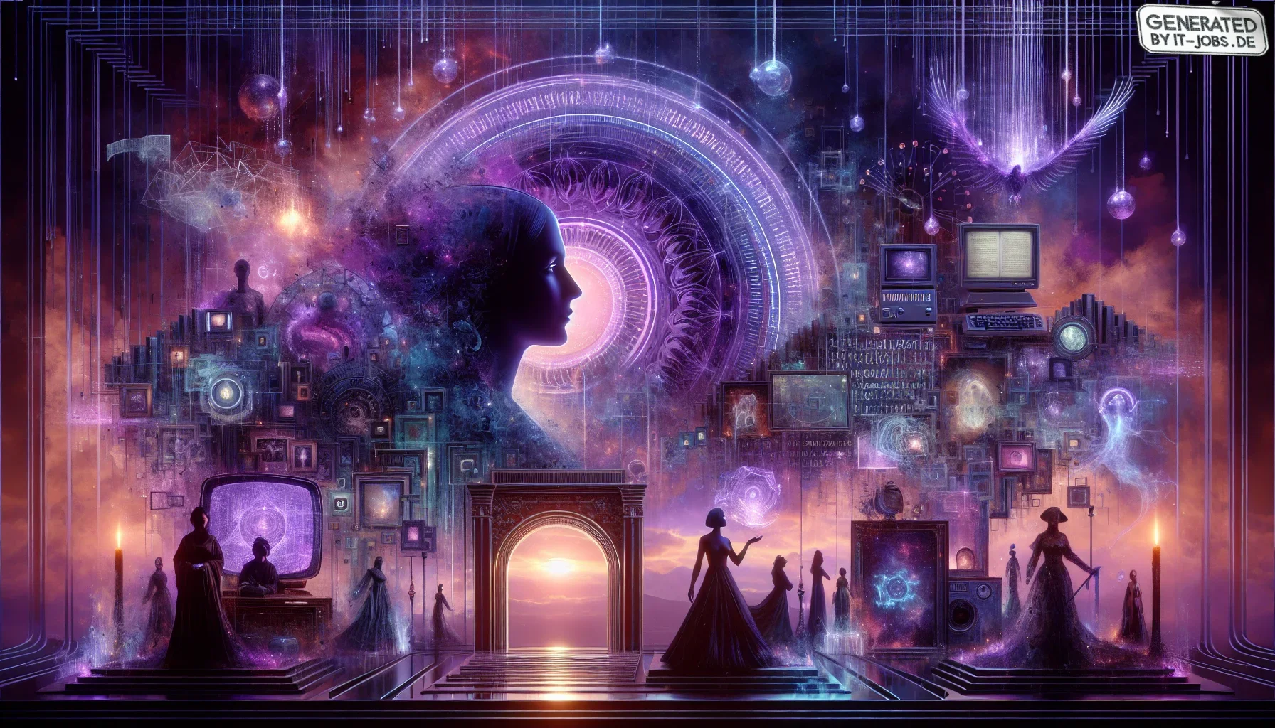Visualize an expansive, almost surreal digital canvas, draped in deep, moody hues of dark purple, which serve as the foundation of this imaginative and edgy representation of Karen Spärck Jones's career. This visual tableau is a dynamic blend of Gothic an
