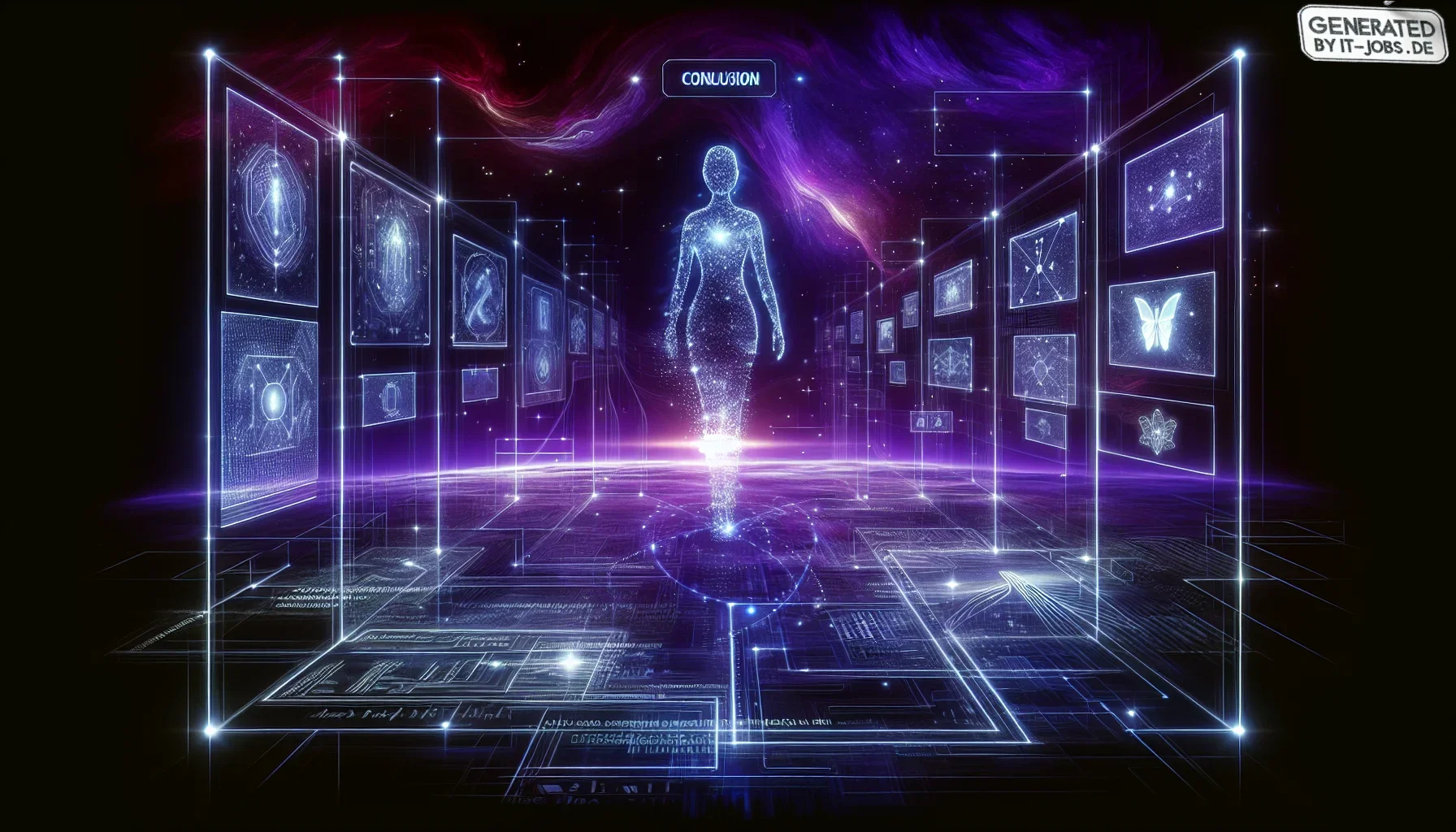 In the visualization of the above paragraph, the scene is set in a vast, futuristic digital landscape, under a sky swirled with shades of dark purple, punctuated by neon lights and cybernetic motifs. The atmosphere is charged with a sense of imminent tran