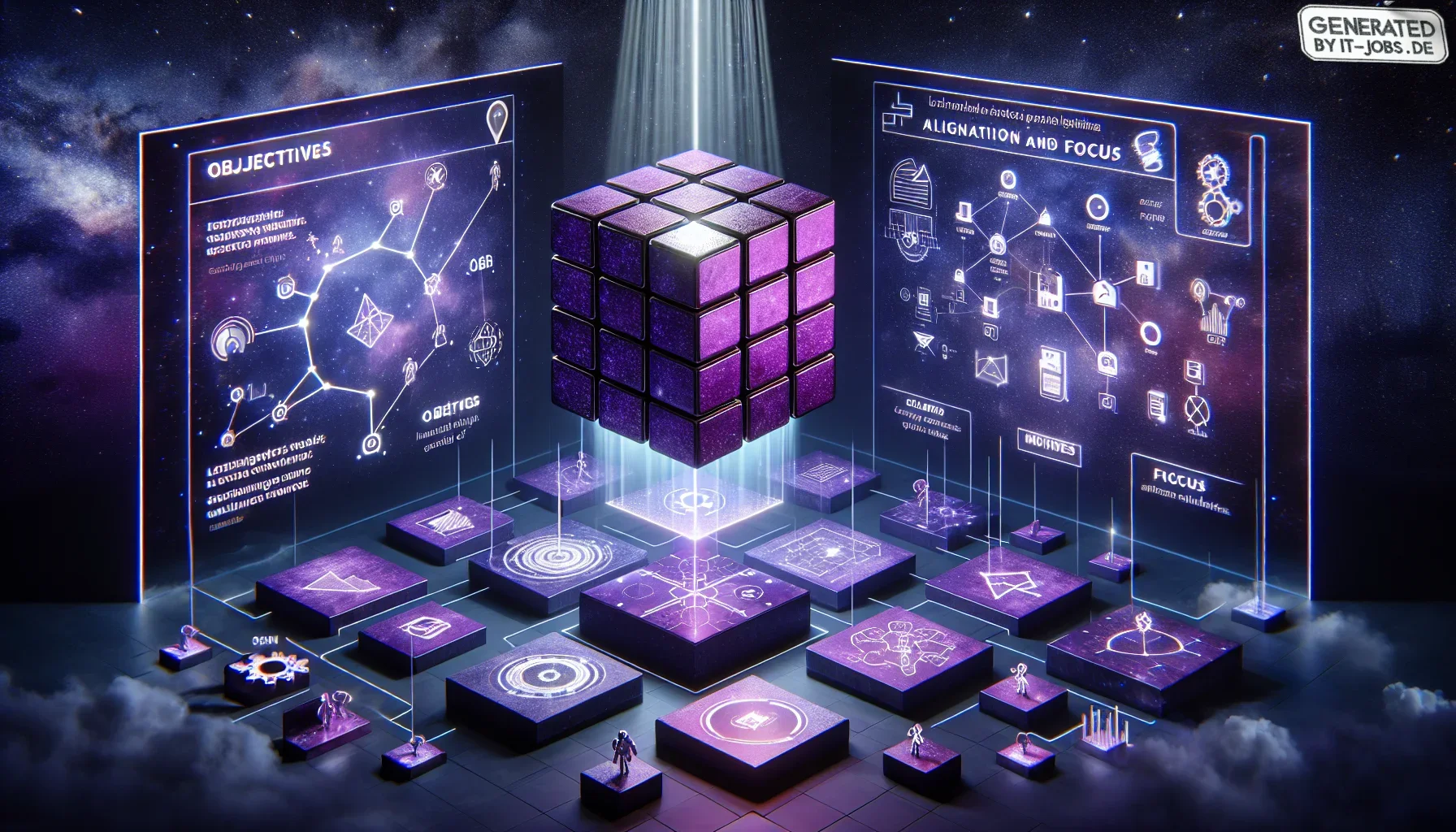 Visualize a bold and immersive digital canvas, painted in deep shades of purple that evoke a sense of mystery and innovation. The background is a textured gradient, reminiscent of a starry night sky, subtly hinting at the vast possibilities within the tec
