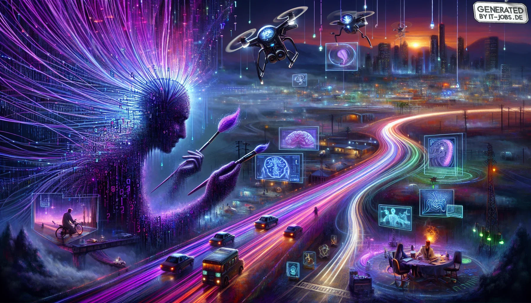 In this visualization, immerse yourself in a bold, dark purple landscape where technology and industry flourish like a vibrant, cyberpunk tableau. The image pulsates with an edgy style, intertwining the realms of art and machine.

**Central Focus**: Domin