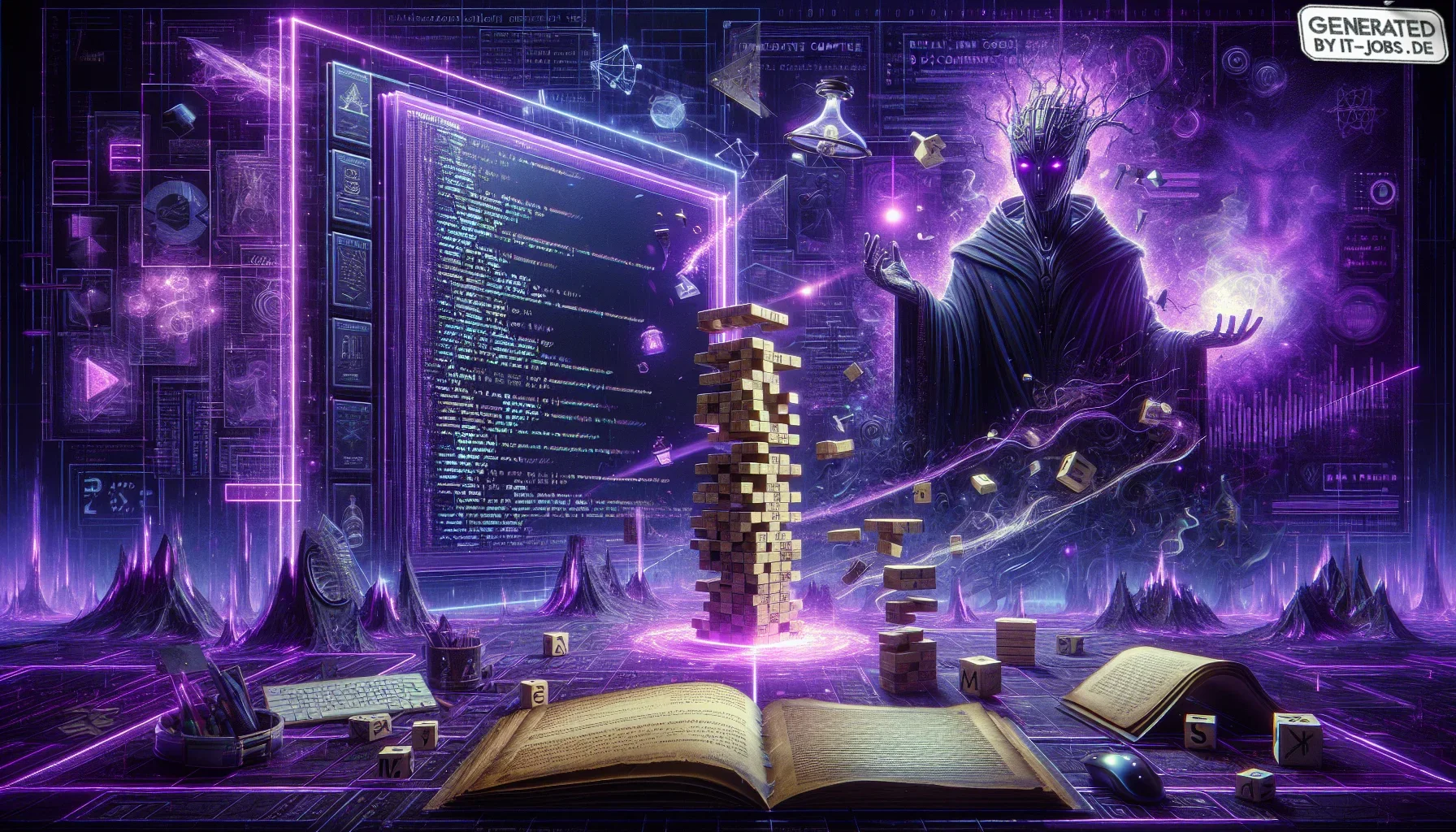 I envision a vivid and captivating digital artwork. The entire piece is bathed in shades of dark purple, creating a mysterious and futuristic ambiance that immediately draws the viewer in. The edges of the image have a slightly jagged, digital glitch effe