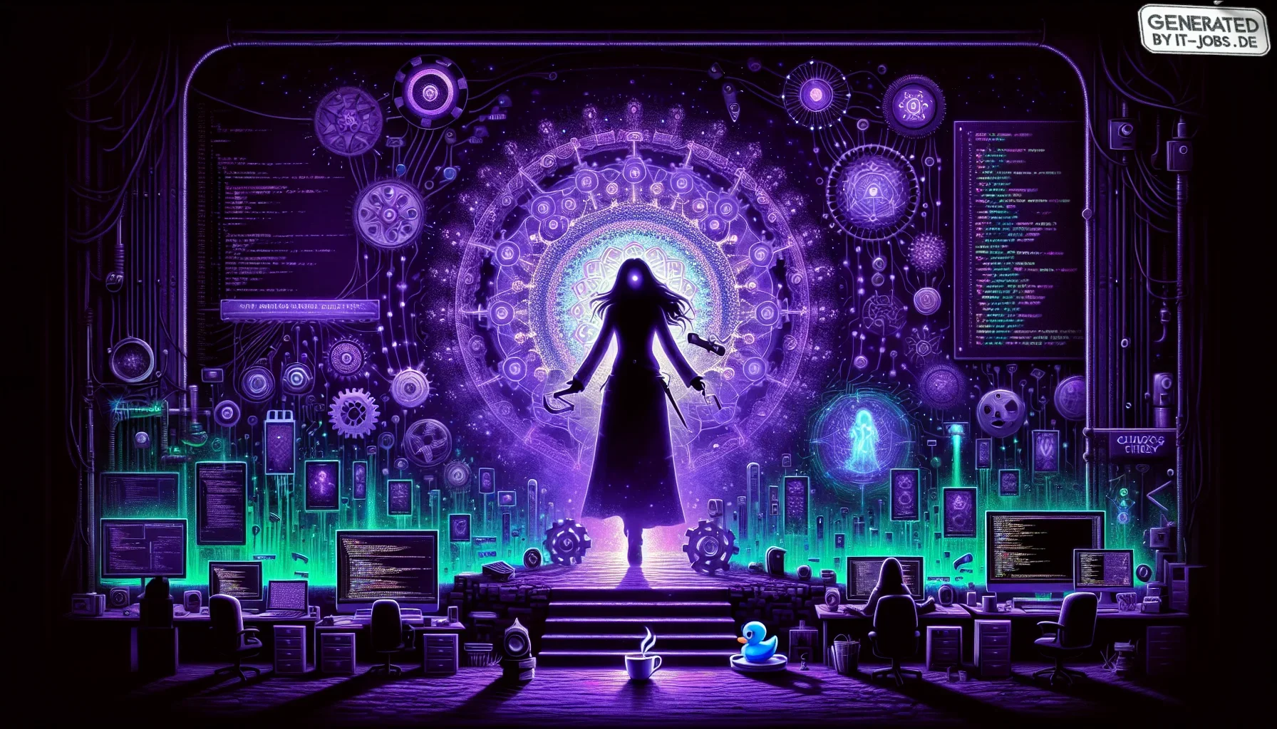Visualizing the conclusion of a comprehensive exploration into the realm of system administration, the image is crafted in a rich, dark purple palette that sets a profound and mystical atmosphere. This deep hue not only represents the depth and complexity