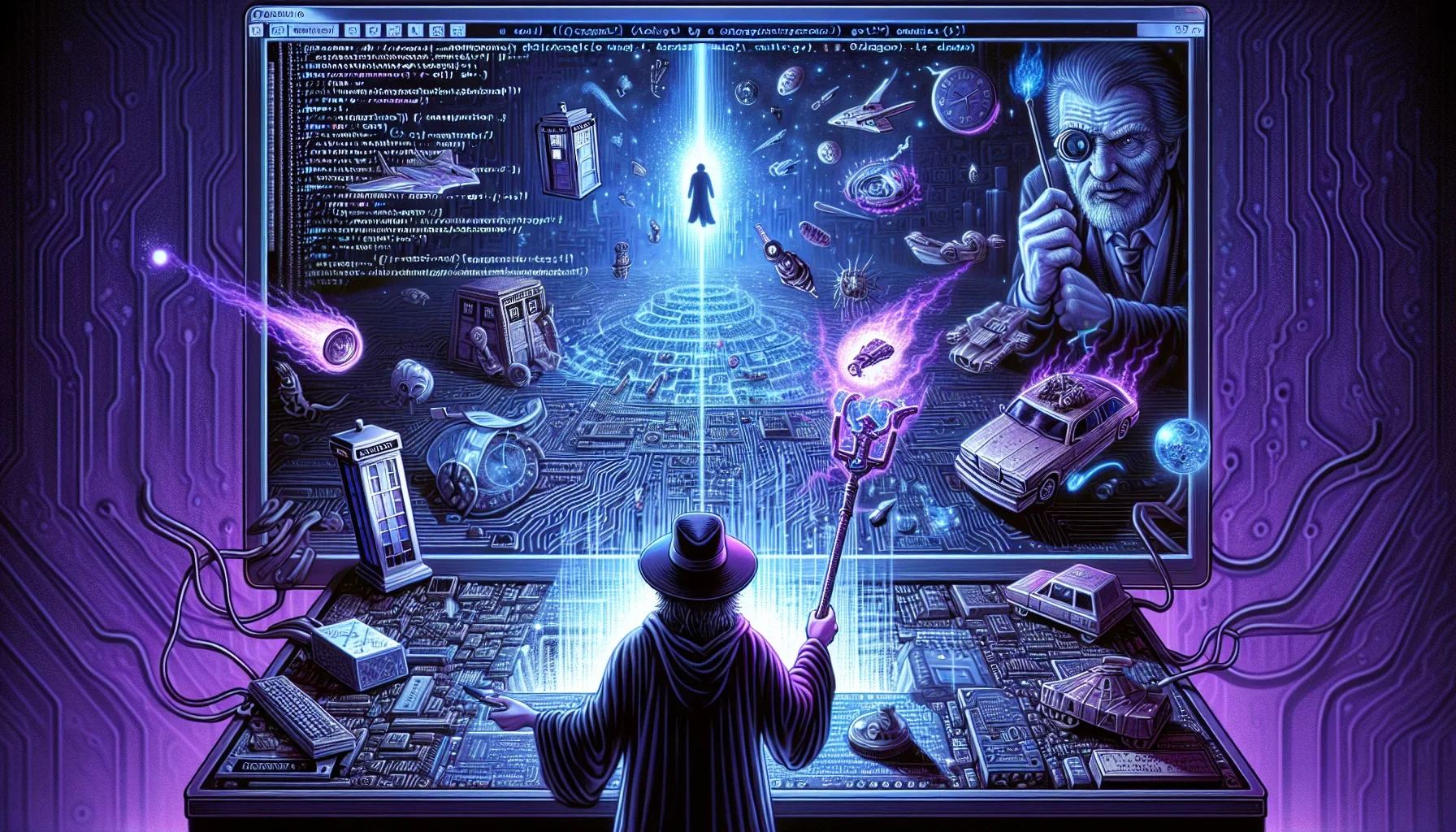 Imagine an evocative and vivid digital illustration that captures the essence and gravity of debugging and problem-solving in software development. The overall tone is set in shades of dark purple, giving the composition an enigmatic and intense feeling, 