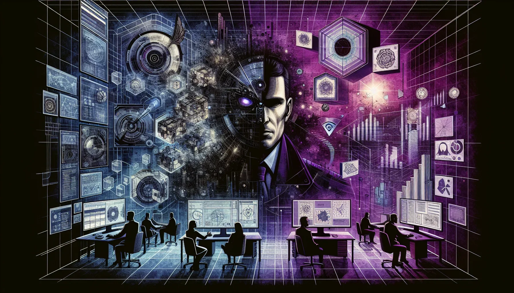 Visualize an edgy, dynamic digital art piece with a rich, dark purple backdrop that conveys the intricate world of enterprise architecture and stakeholder engagement as described in the paragraph. The entire scene is set in a surreal, abstract office envi