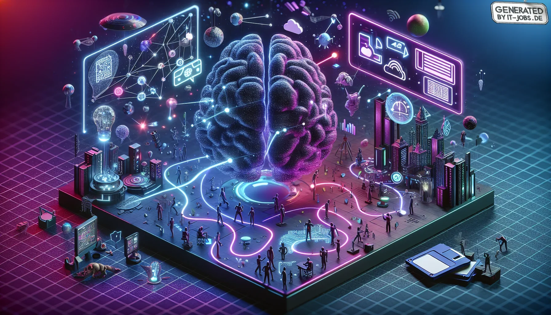 In the visualization of this concluding paragraph on design thinking, we are immersed in a world that feels both futuristic and deeply thoughtful. The background pulses with a dark purple hue, symbolizing the depth and creativity of the design thinking pr