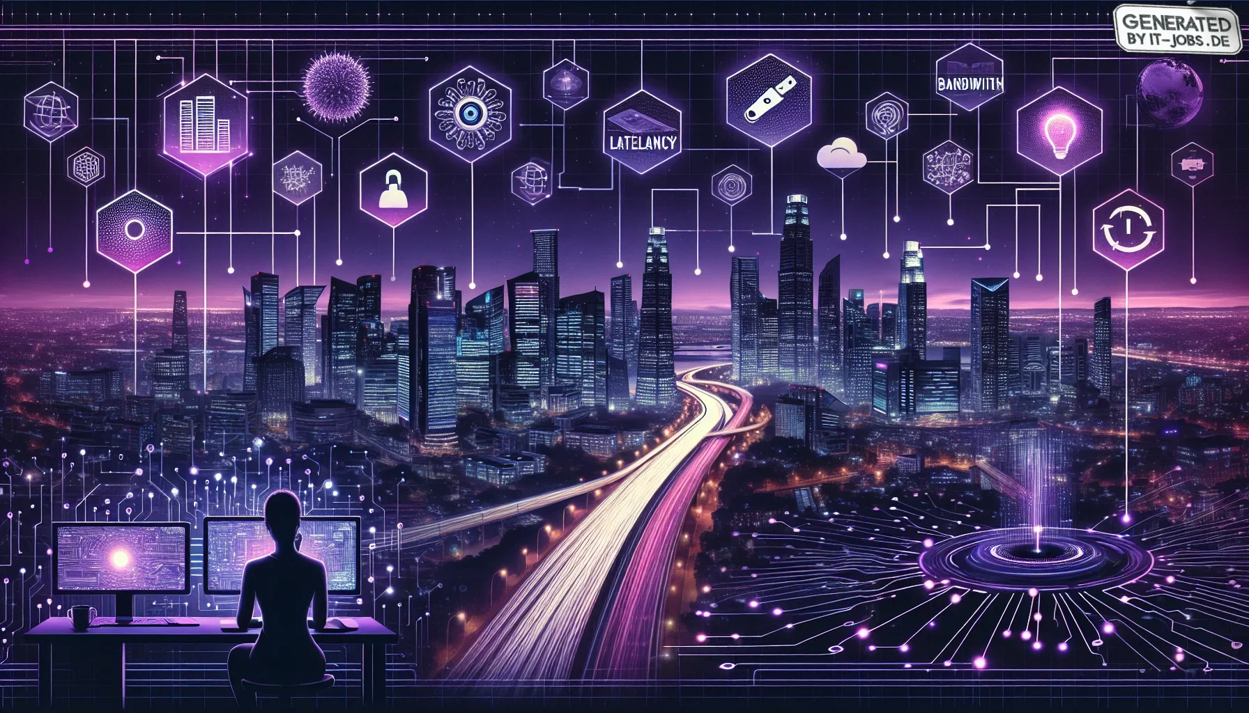 Visualize a dynamic, almost futuristic digital canvas dominated by shades of dark purple, setting a mysterious yet exciting tone. In the center, a sprawling, decentralized network appears, illustrated as a vibrant cityscape at night, where each building r