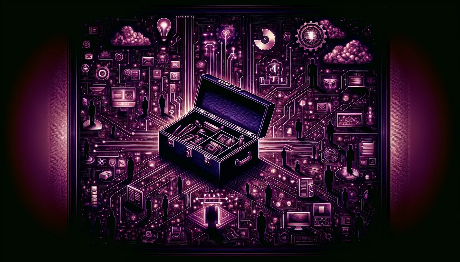 Visualize a dark, moody canvas washed in shades of deep purple, creating an almost enigmatic atmosphere that beckons viewers to delve deeper. The central focus is an intricately wired, digital toolbox, glowing subtly, as if alive with potential. This tool