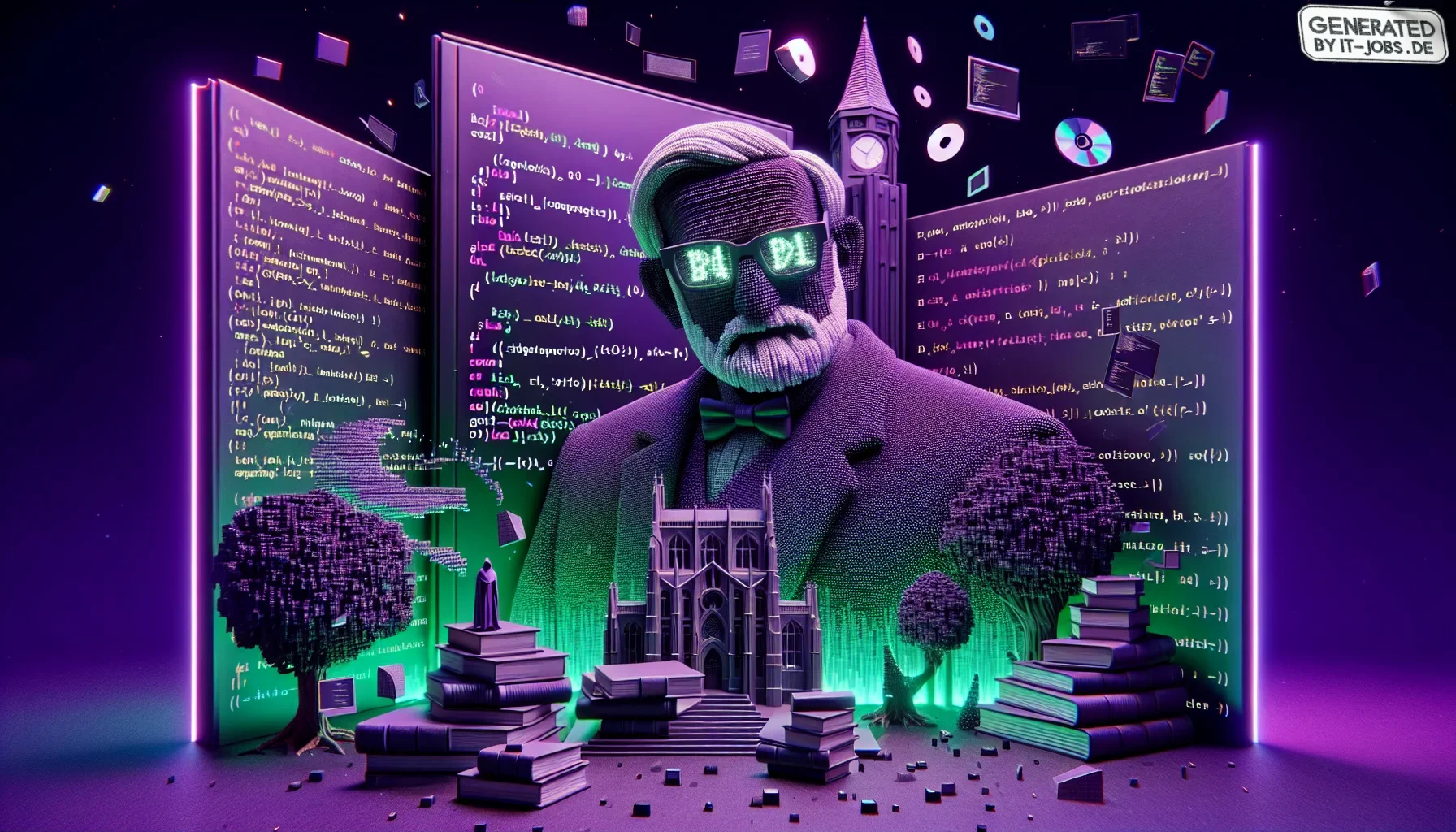 The visualization of "Career and Contributions" of Donald Knuth is a rich tapestry that combines the mystical allure of dark purple hues with the edgy aesthetic of pop culture and IT-related Easter eggs. Imagine entering a sprawling digital landscape, whe