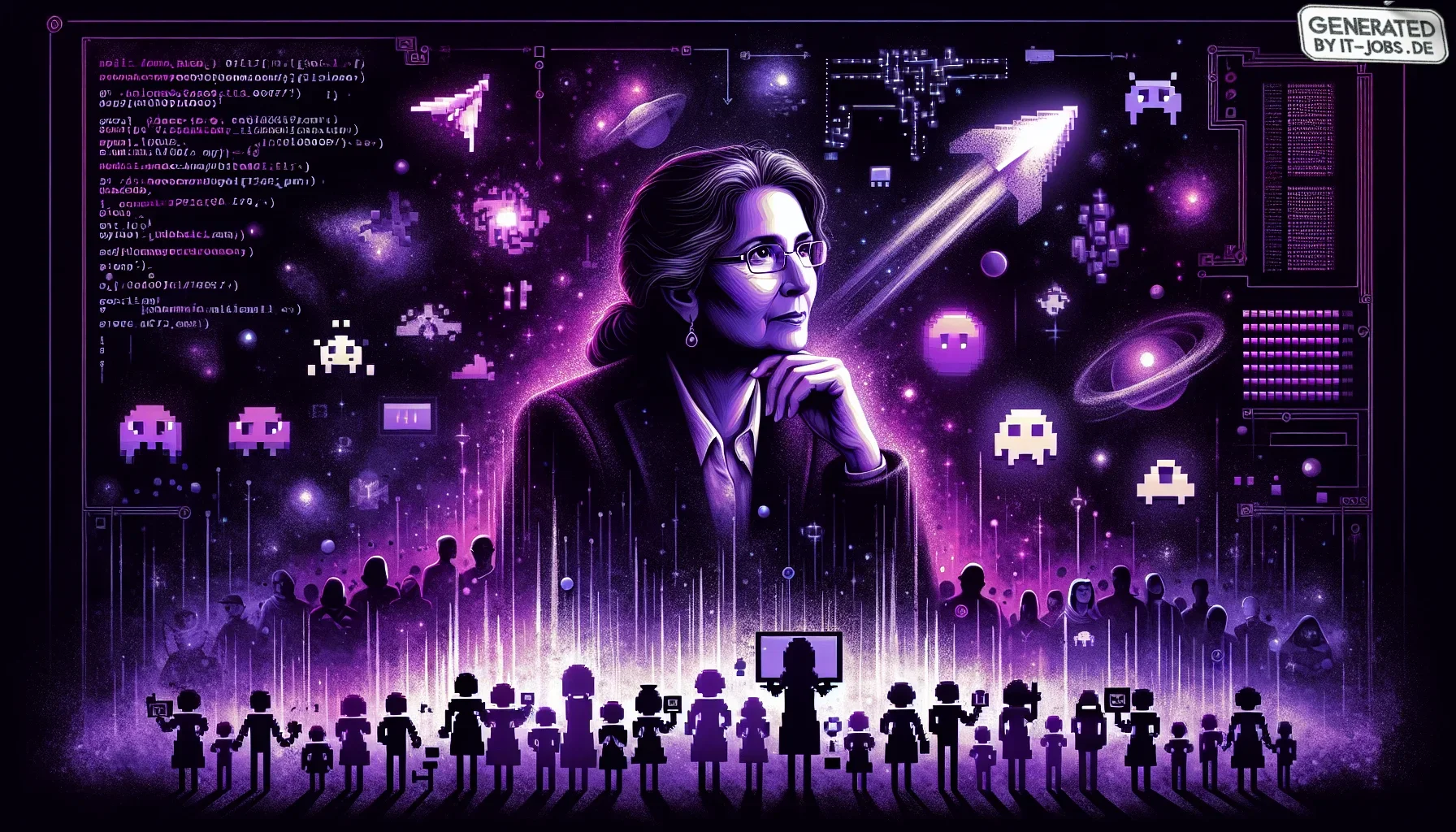 The visualization for the conclusion of Carol Shaw's impact on the video game industry would be a vivid and stirring digital art piece. Picture this:

The background is a deep, dark purple, almost cosmic, creating a mysterious and profound atmosphere. The