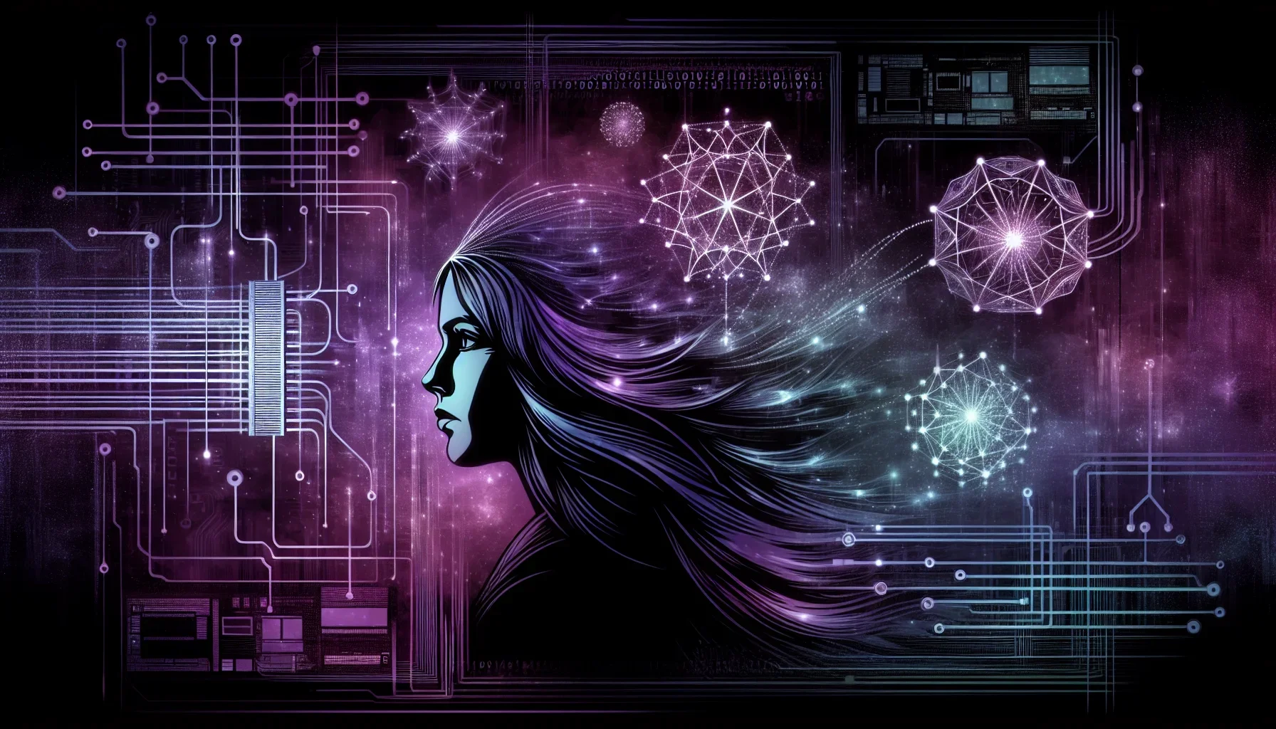 Visualize a striking digital canvas, predominantly swathed in shades of dark purple, embodying the enigmatic and revolutionary spirit of Radia Perlman's career in network engineering. The background is a deep cosmic purple, symbolizing the vast, uncharter