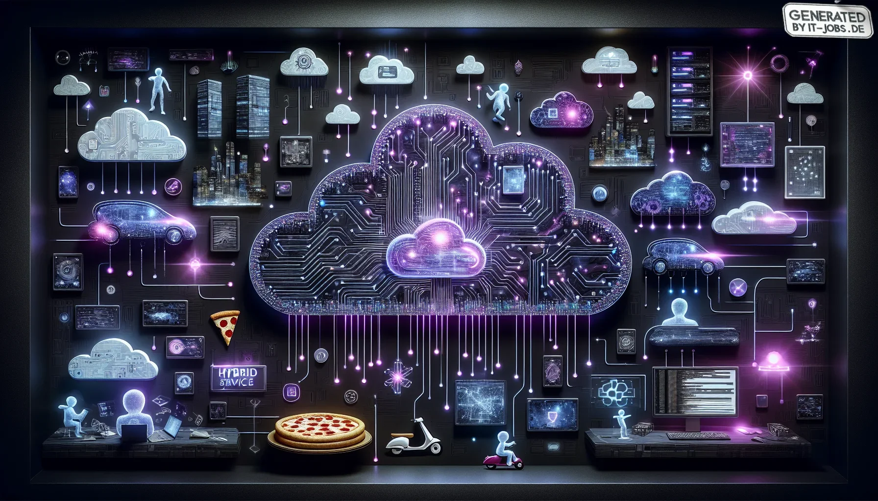 Visualizing the described paragraph, the image adopts a dramatic and modern aesthetic, encapsulating the essence of cutting-edge cloud technology trends. The overall color scheme is dominated by various shades of dark purple, creating a mysterious and fut