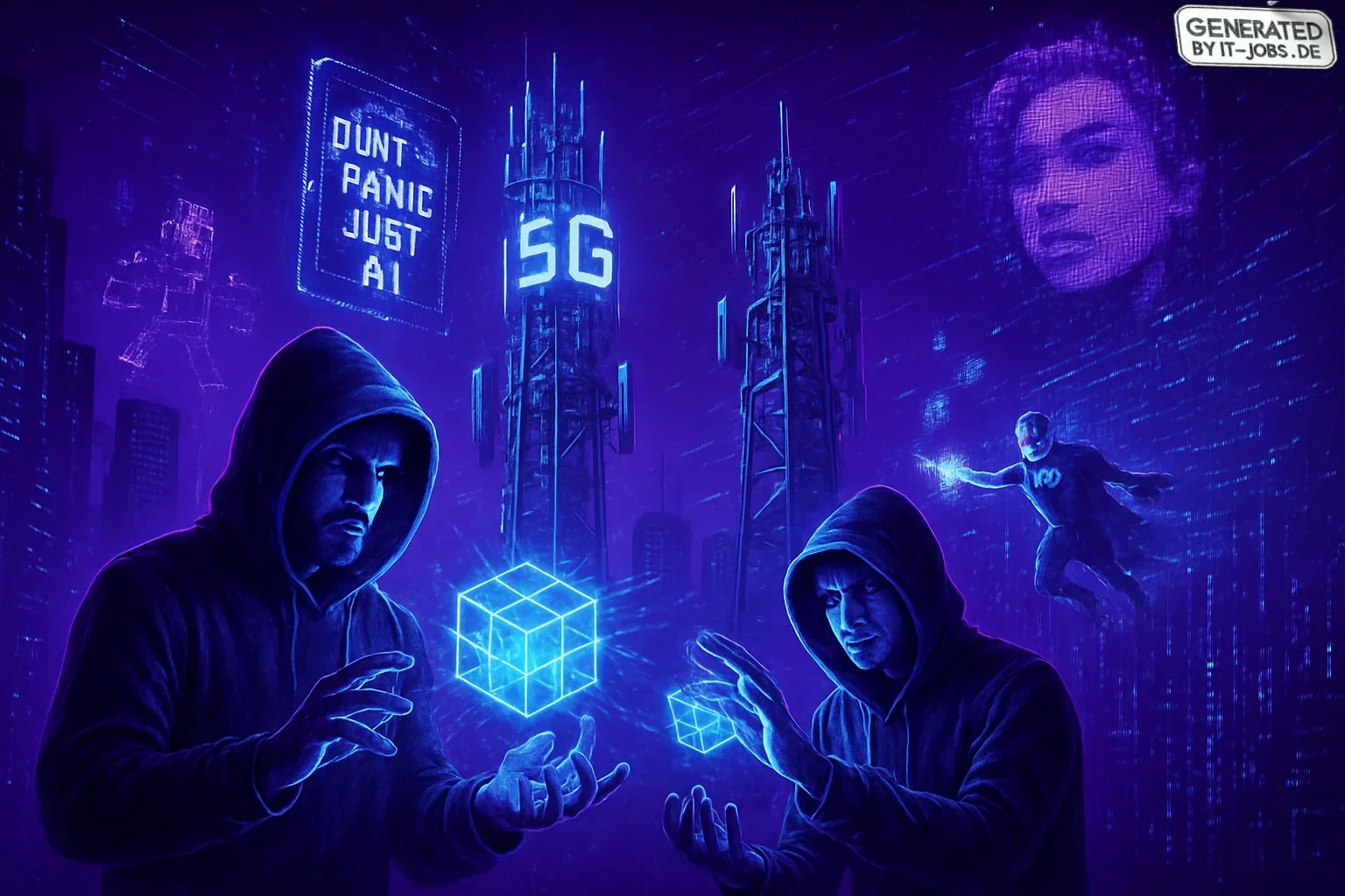 A dark purple-themed futuristic landscape blends technology and pop culture. AI specialists, dressed as 1980s hackers, conjure holographic networks like magic. Vivid telecom towers pulse with energy, while a digital cityscape features towering 5G antennas