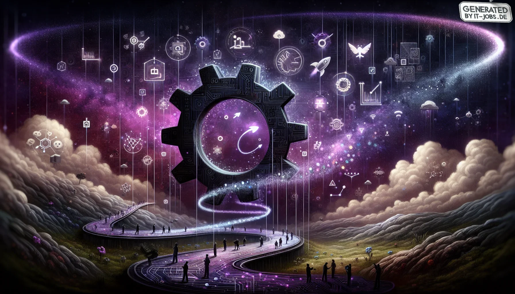 The visualization unfolds in a surreal, digital landscape dominated by dark purple hues, casting a mysterious and innovative ambiance. This edgy image is an artistic representation of the convergence of application and product management in the tech realm