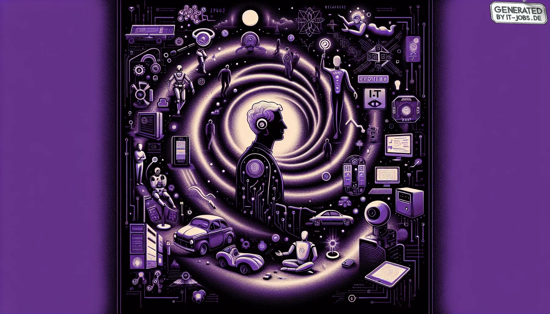 Visualize a dynamic and visually captivating digital artwork that embodies the illustrious career of Raj Reddy, all set against a deep, dark purple background that suggests the mysterious and infinite possibilities of the AI universe. This edgy style is i