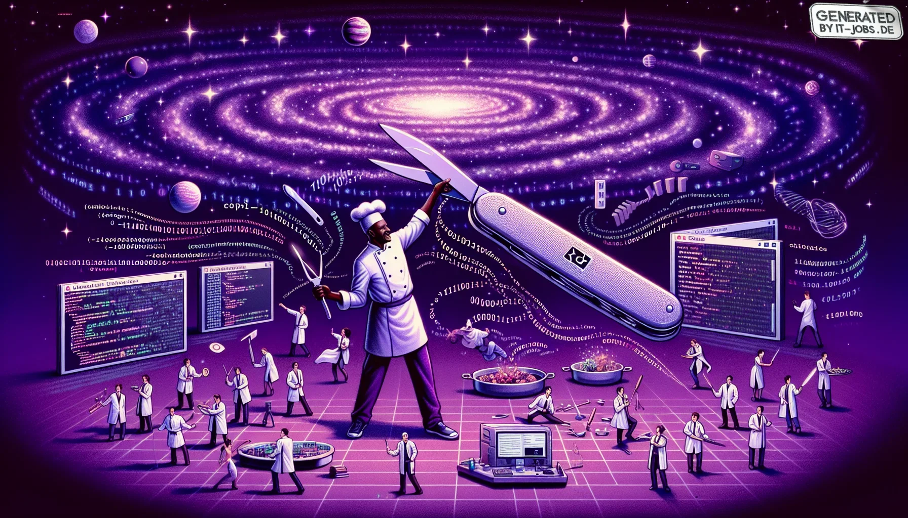 Visualizing the paragraph as an artwork, the scene is set in a vast, dark purple-hued digital universe, twinkling with stars and nebulae that subtly resemble circuit boards and binary codes, illustrating the cosmic scale of Julia's programming capabilitie