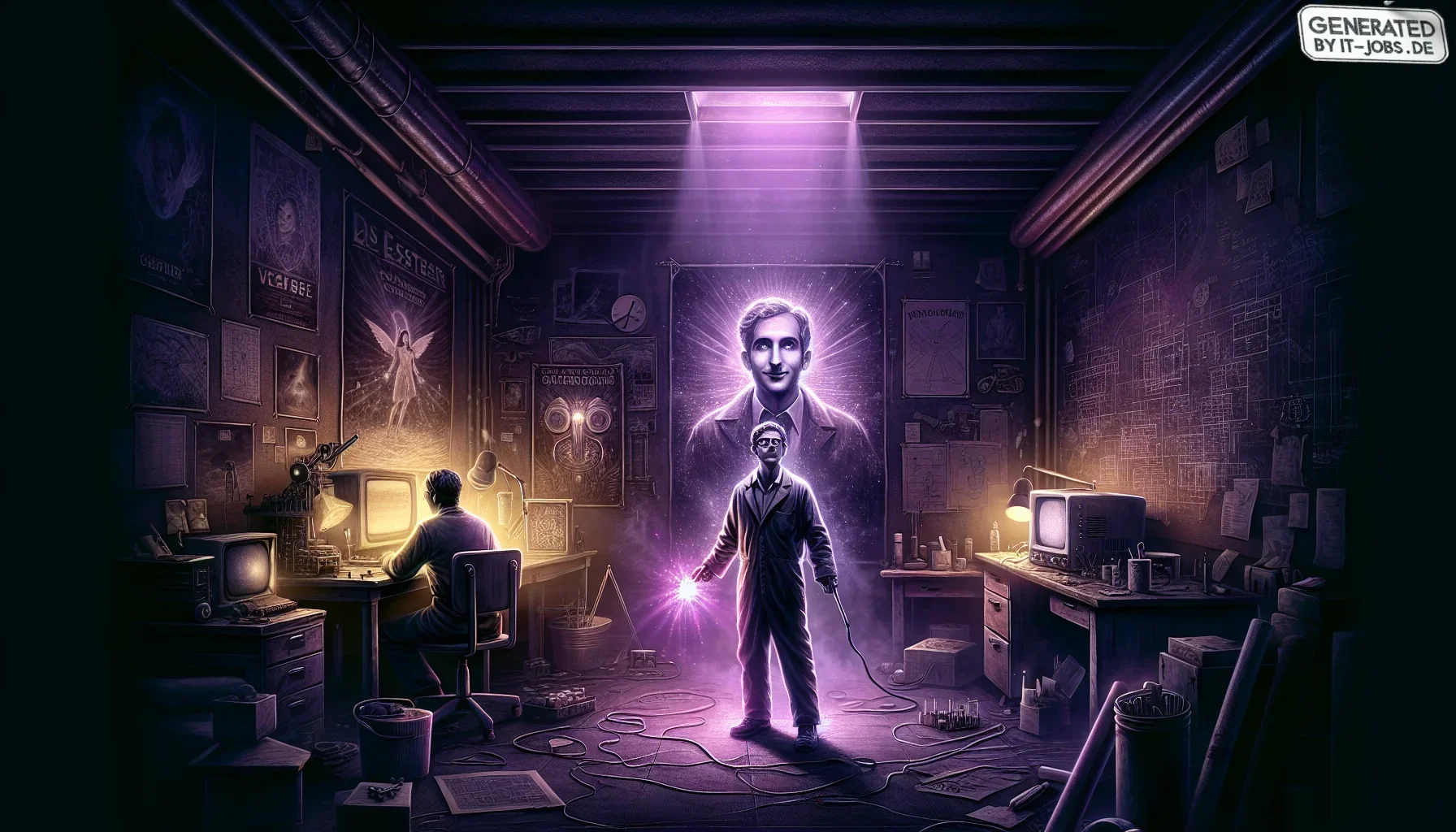 Visualize a dark, moody canvas dominated by deep purple hues, creating an almost mystical atmosphere that resonates with the transformative essence of Apple Inc. The scene is set in a stylized, slightly gritty garage, reminiscent of Steve Jobs’ family gar