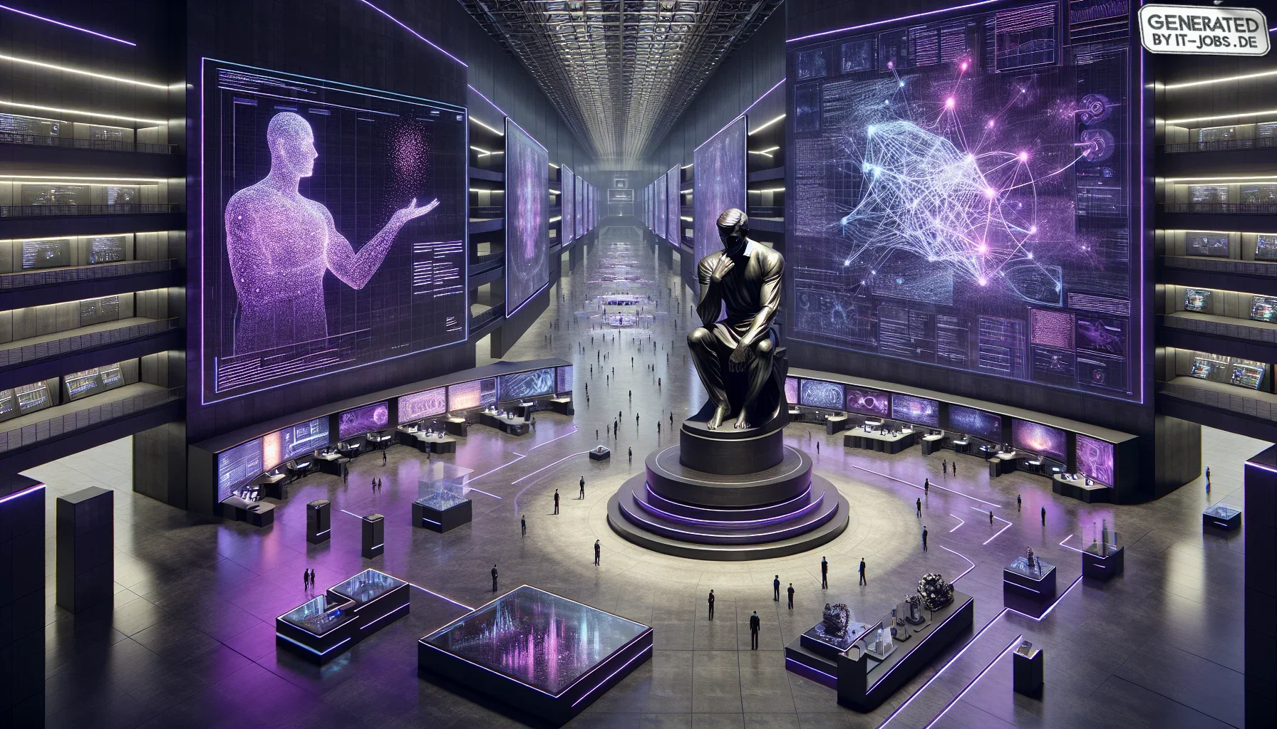 The visualization is set in a vast, cavernous space that resembles both a high-tech lab and a hall of fame. The atmosphere is dominated by a dark purple hue, casting an enigmatic and futuristic glow over the scene. The walls and ceiling are adorned with s