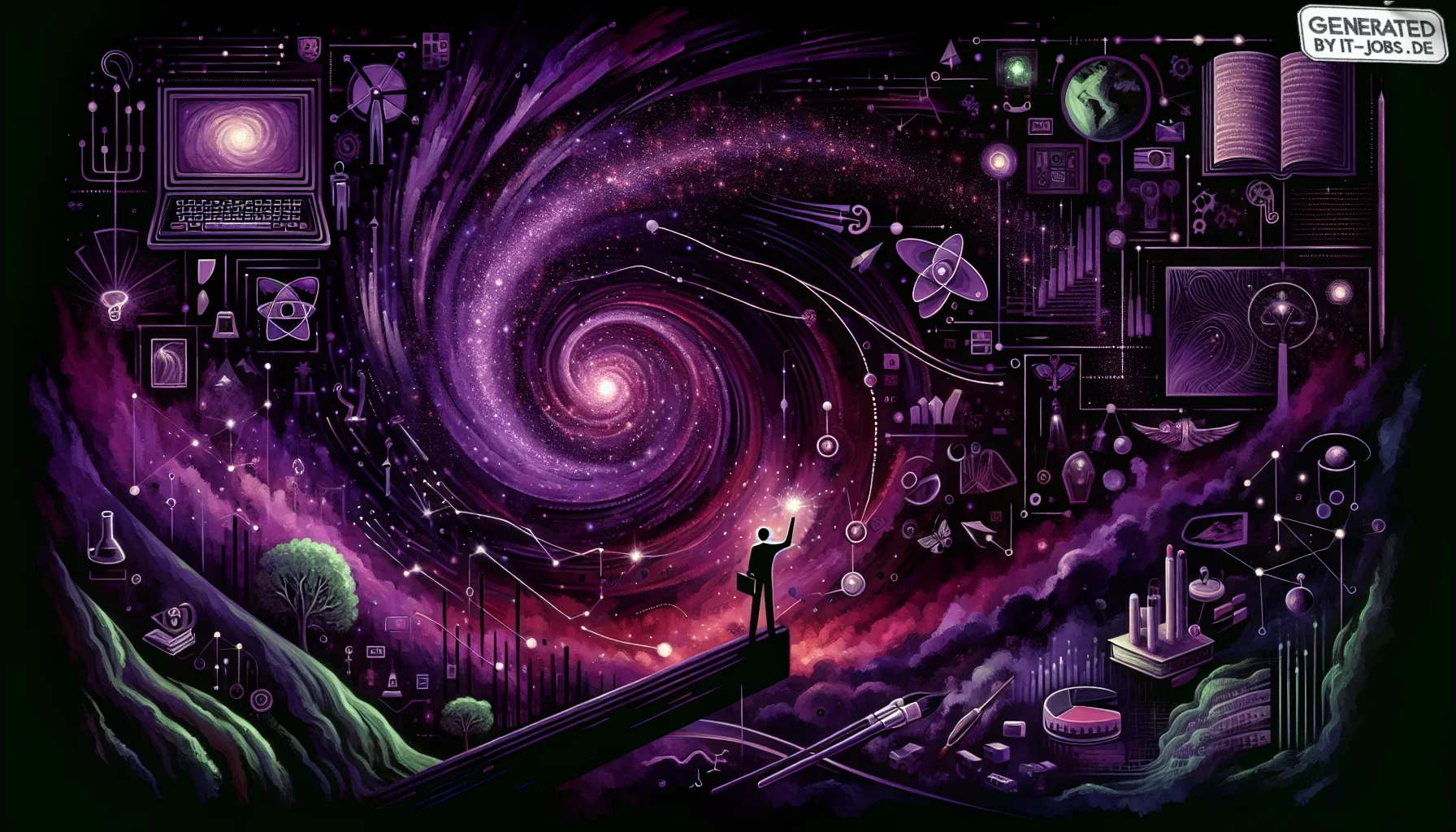 The visualization for this paragraph about Paul Allen's career and achievements is cast in a hauntingly beautiful dark purple theme, reflecting the depth and diversity of his contributions to technology and society. The image is dynamic and layered, echoi
