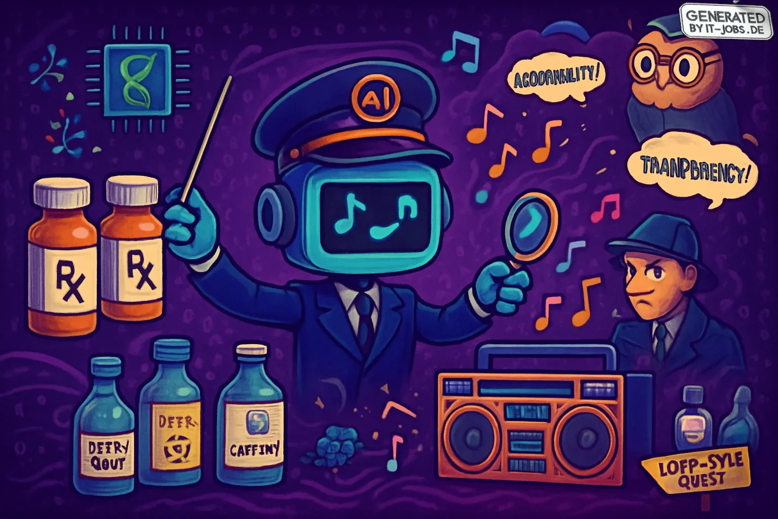 The image blends futuristic and retro styles on a dark purple canvas, featuring a cartoonish AI conductor orchestrating chaos. Prescription bottles sport suit patterns, while whimsical potion bottles represent personalized medicine. Microchips and DNA str
