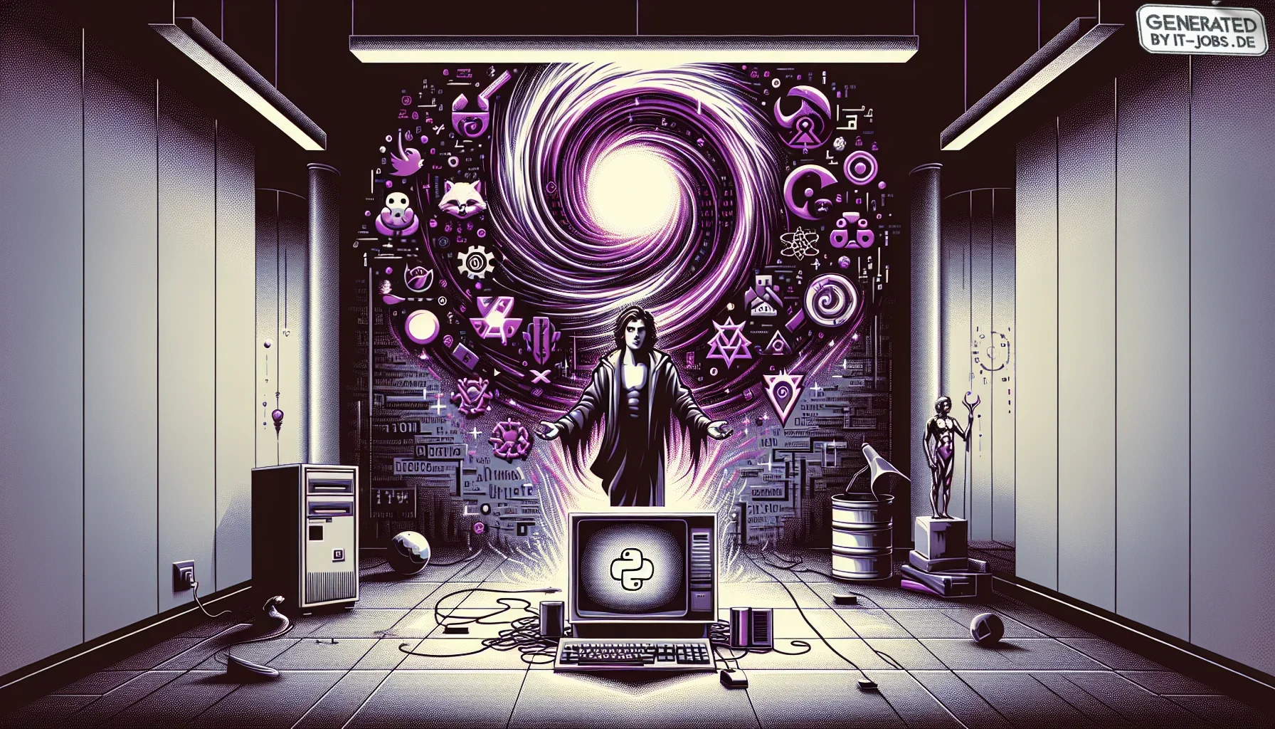 Visualize a strikingly edgy graphic poster that encapsulates "The Inception of Python." At the center of this imagery stands a stylized, almost mythical figure of Guido van Rossum, depicted as a young, visionary coder. He is surrounded by a swirling vorte