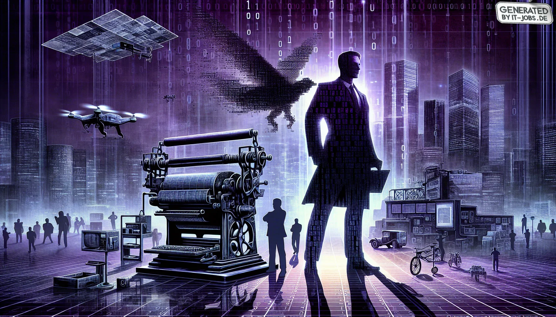 Visualize an artistically edgy and emotionally charged digital artwork that captures the transformative acquisition of The Washington Post by Jeff Bezos. The canvas is dominated by a dark purple hue, symbolizing the depth and significance of this media ev