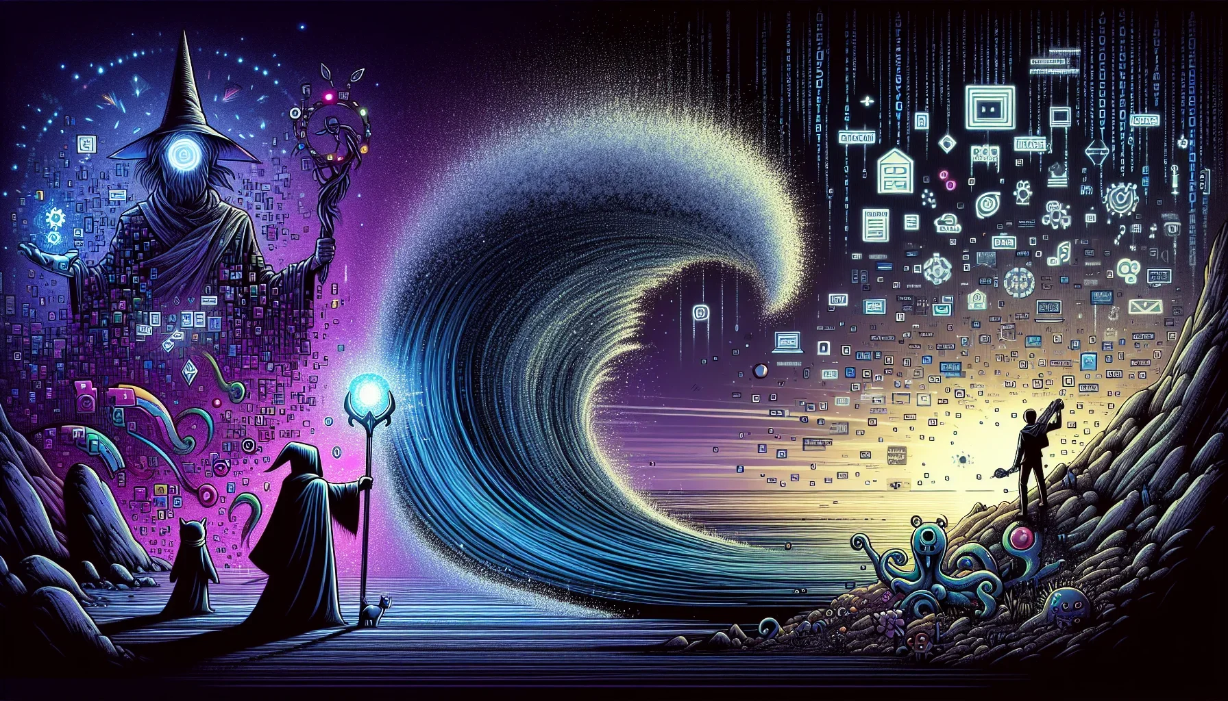A grand digital canvas stretching into the distance, divided into three parts representing the epic tale of Stallman, Linux, and Open Source. The entire scene is bathed in a deep, mysterious shade of dark purple, signifying the underlying theme of the sto