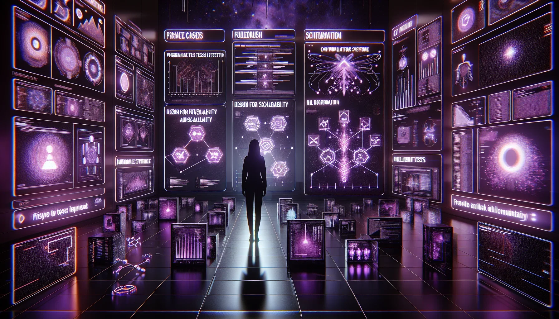 Visualize an expansive, edgy digital canvas, where the deep, dark purple theme sets a mood of sophisticated tech mystery. The background is a rich gradient of midnight purples and muted blacks, resembling a galaxy filled with digital stars. The scene is s