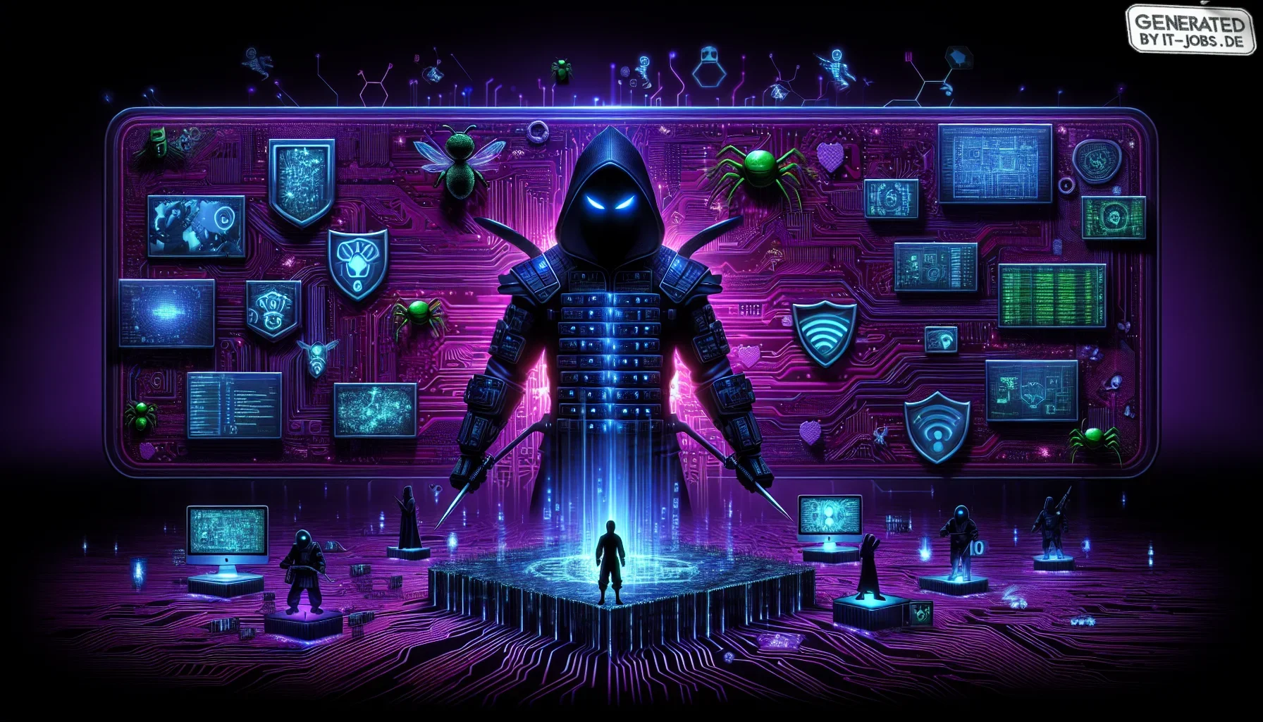 Visualize a large, dynamic digital canvas, awash with a dominant dark purple hue, setting a mood that is both mysterious and intense. The backdrop, textured like the surface of a high-tech circuit board, subtly pulses with faint glimmers of neon blue and 