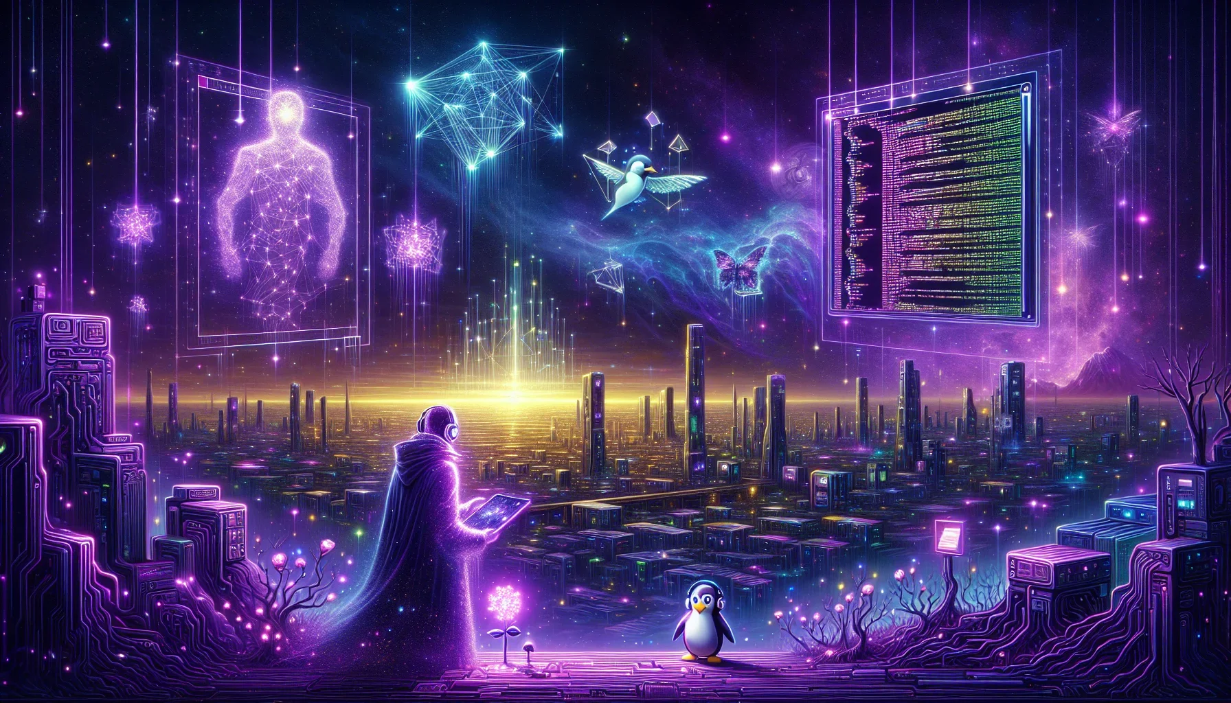 A cosmic digital landscape unfolding in a palette of deep purples and vibrant violets with twinkling stars that subtly resemble programming codes. The title "The Linus Legacy in the IT Landscape" hovers at the top in a bold, neon font that slightly flicke