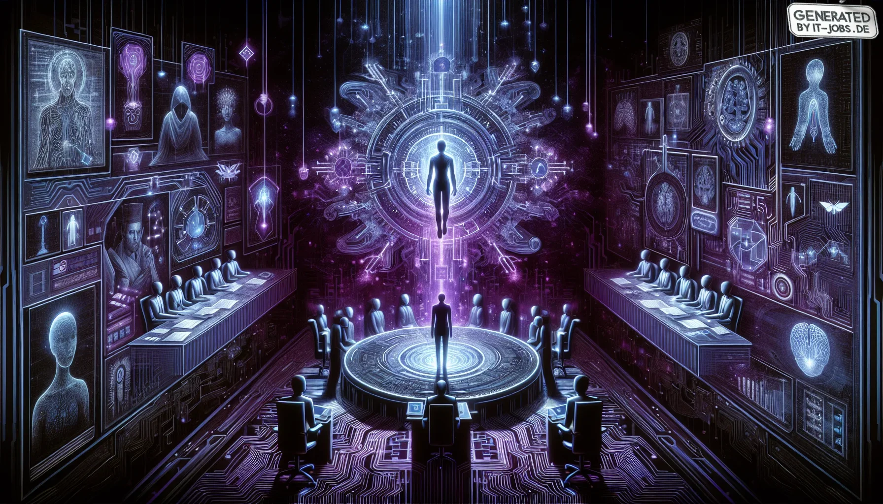 Visualize an edgy, dynamic artwork that embodies the sophisticated and tumultuous relationship between AI engineering and policy-making. The overarching color theme is a deep, dark purple, evoking a sense of the mysterious and profound depth of the techno