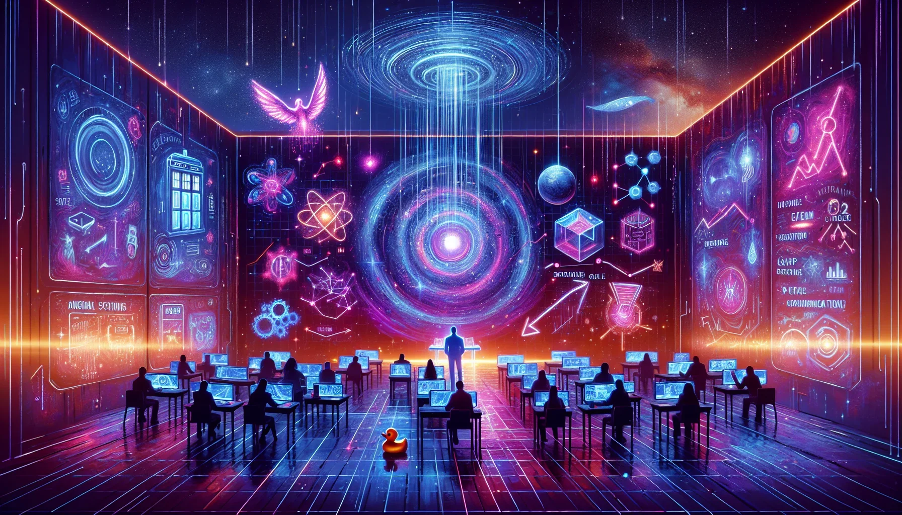 Visualizing the paragraph on the "Impact of Agile on IT Education and Training," we are drawn into an edgy, immersive digital world where the dominant hue is a deep, mysterious dark purple, imbuing the scene with a sense of innovation and the unknown. Thi