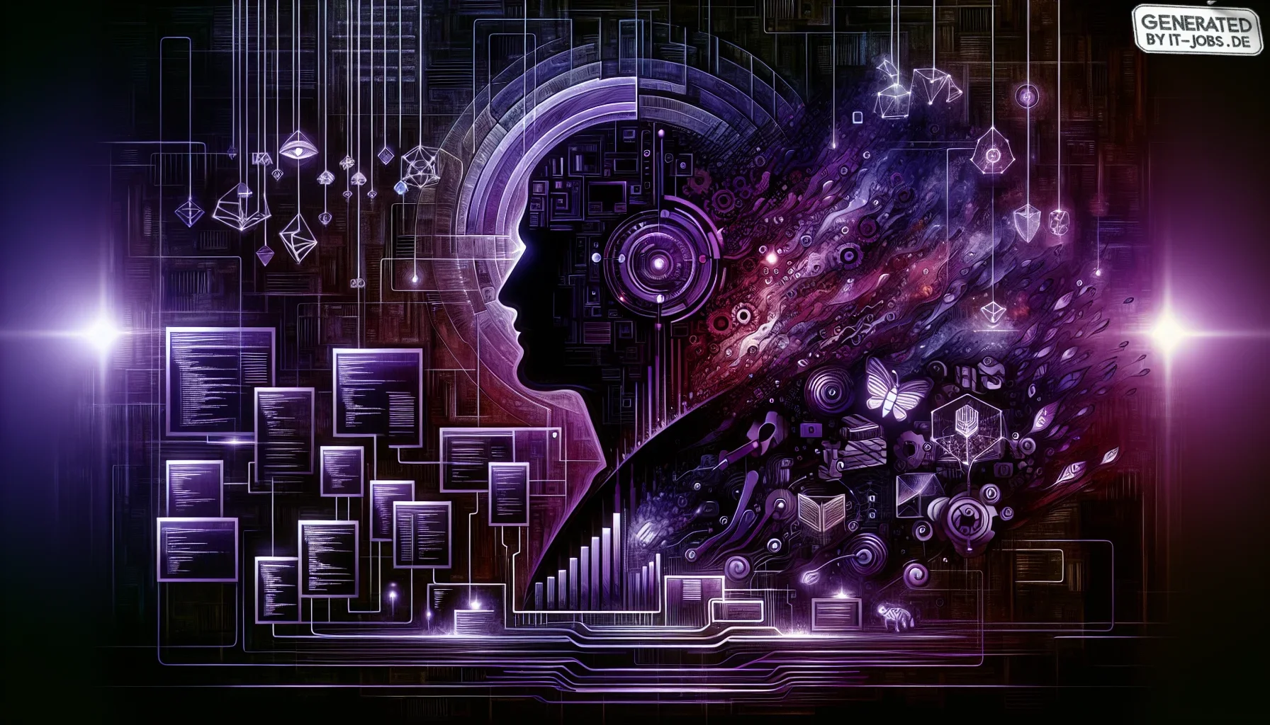 Picture this visualization: a sprawling digital canvas bathed in deep, moody shades of purple, capturing the dynamic and challenging world of modern software architecture. The background pulses subtly, mimicking the continuous flux of the tech environment