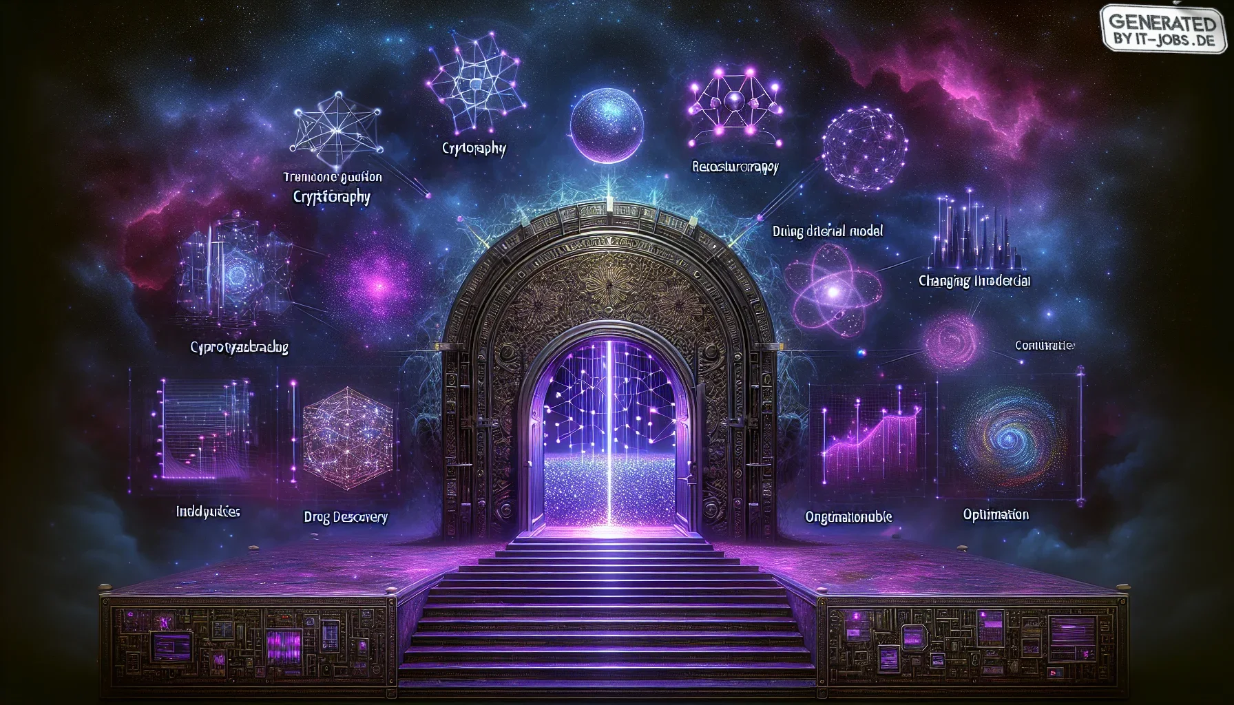 Visualize a dynamic and captivating digital artwork that embodies the transformative nature of quantum computing. The overall color scheme is dominated by dark, mystical purples, setting an edgy and futuristic tone. The background is a cosmic canvas, spec