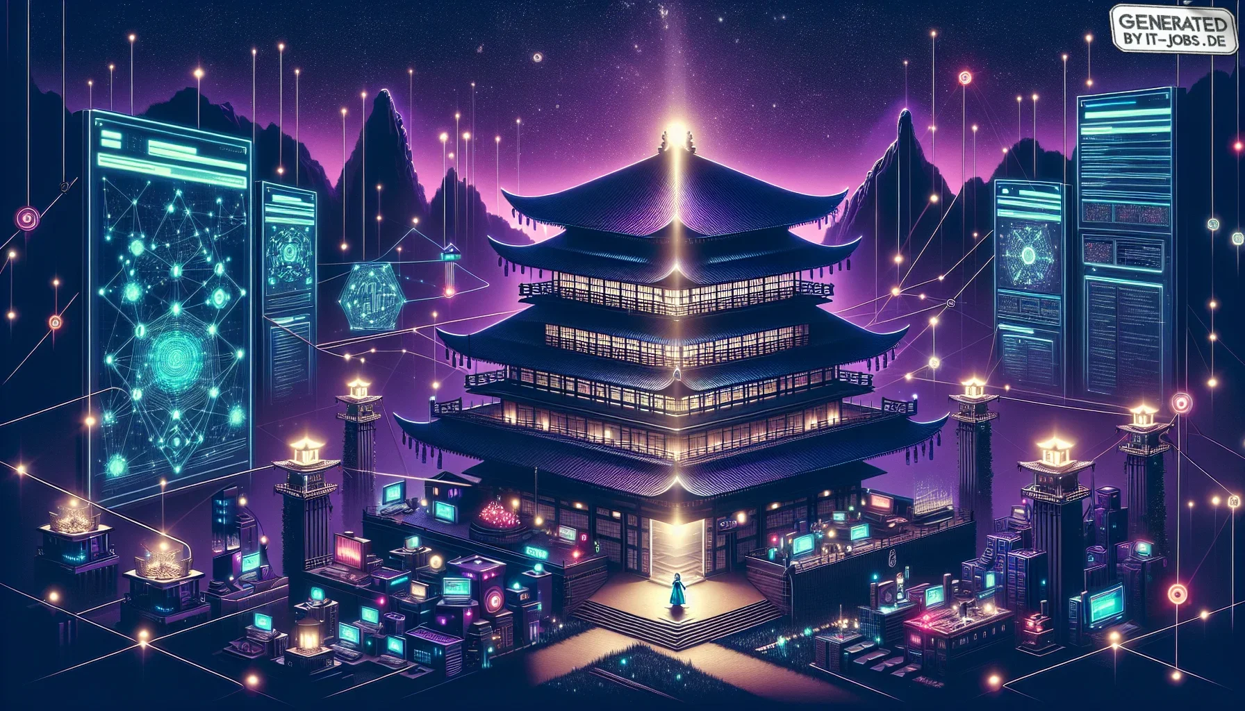 In this visualization, imagine stepping into a vivid and moody digital landscape where the world of Solution Architecture is brought to life through a dark purple hue that casts a mysterious yet inviting glow over the entire scene. The backdrop is a spraw