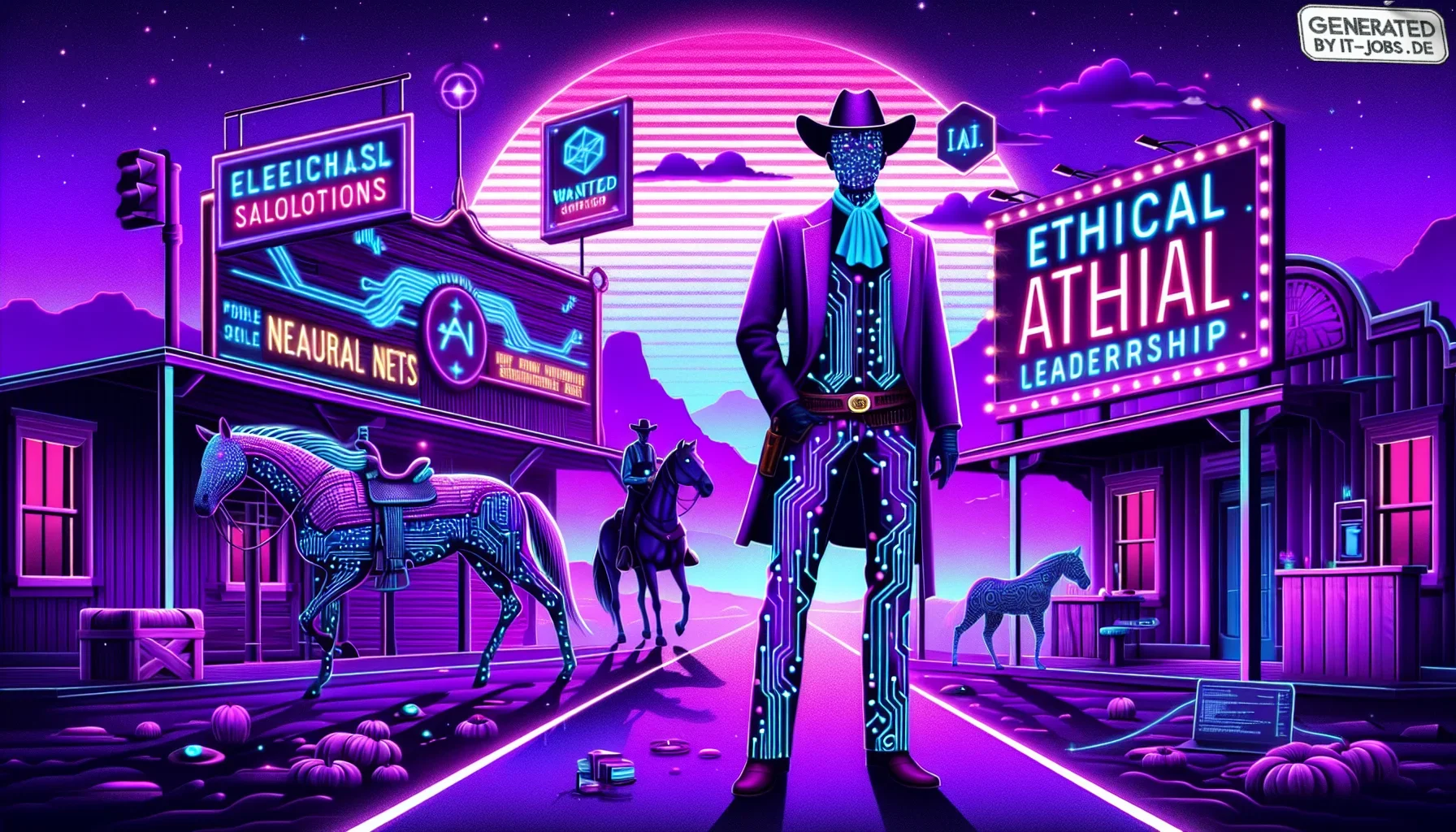 Visualize a dynamic and visually rich digital artwork that captures the essence of ethical AI leadership, set against a backdrop dominated by deep, dark purple hues that evoke a sense of mystery and the profound depth of the topic. The overall style is ed