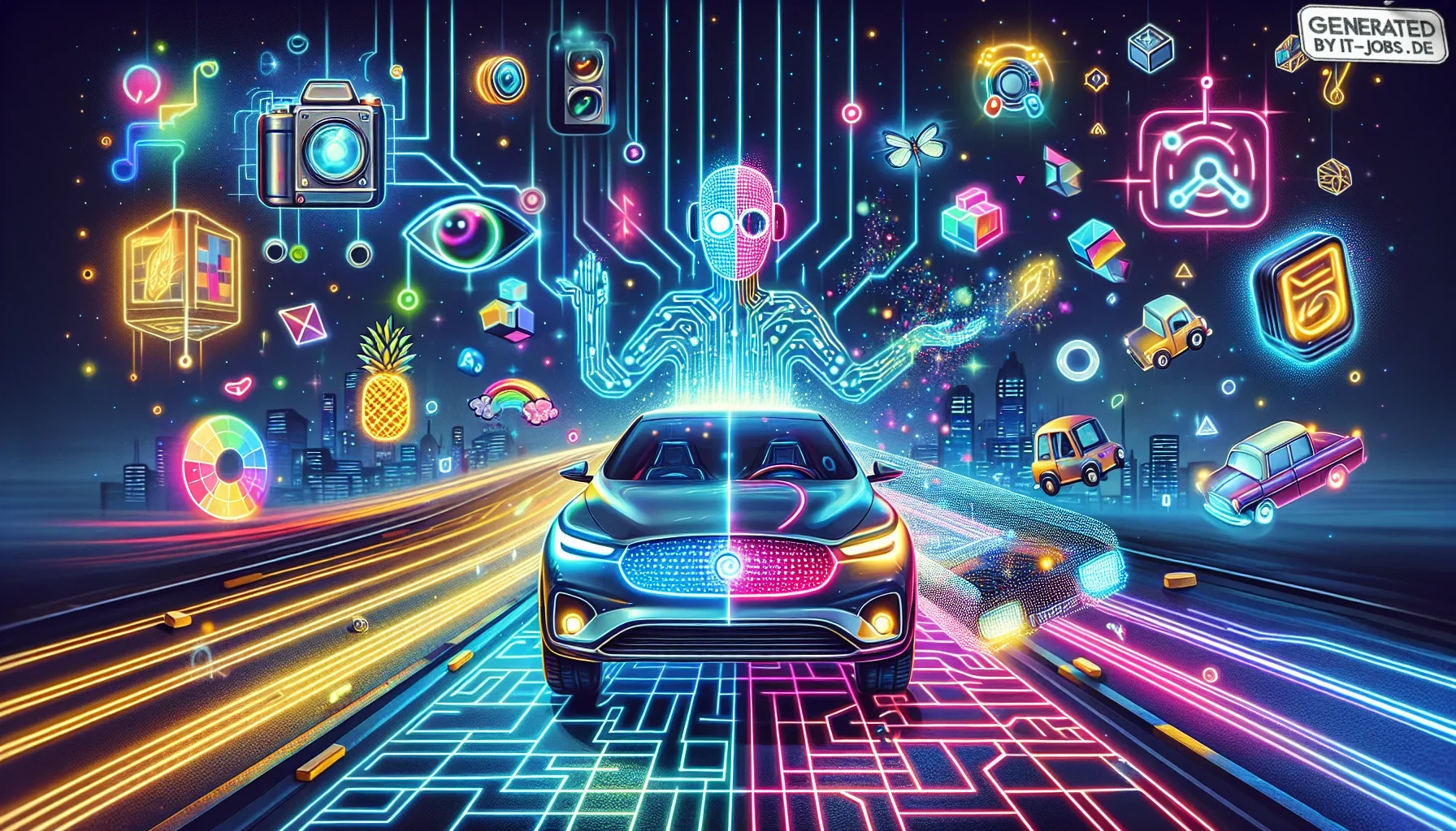 In the center of the visualization, a sleek, futuristic car merges seamlessly with a digital highway made of neon, circuit-like lines that stretch infinitely into the distance. The car itself is wrapped in a glowing aura, a nod to its AI-powered core, wit